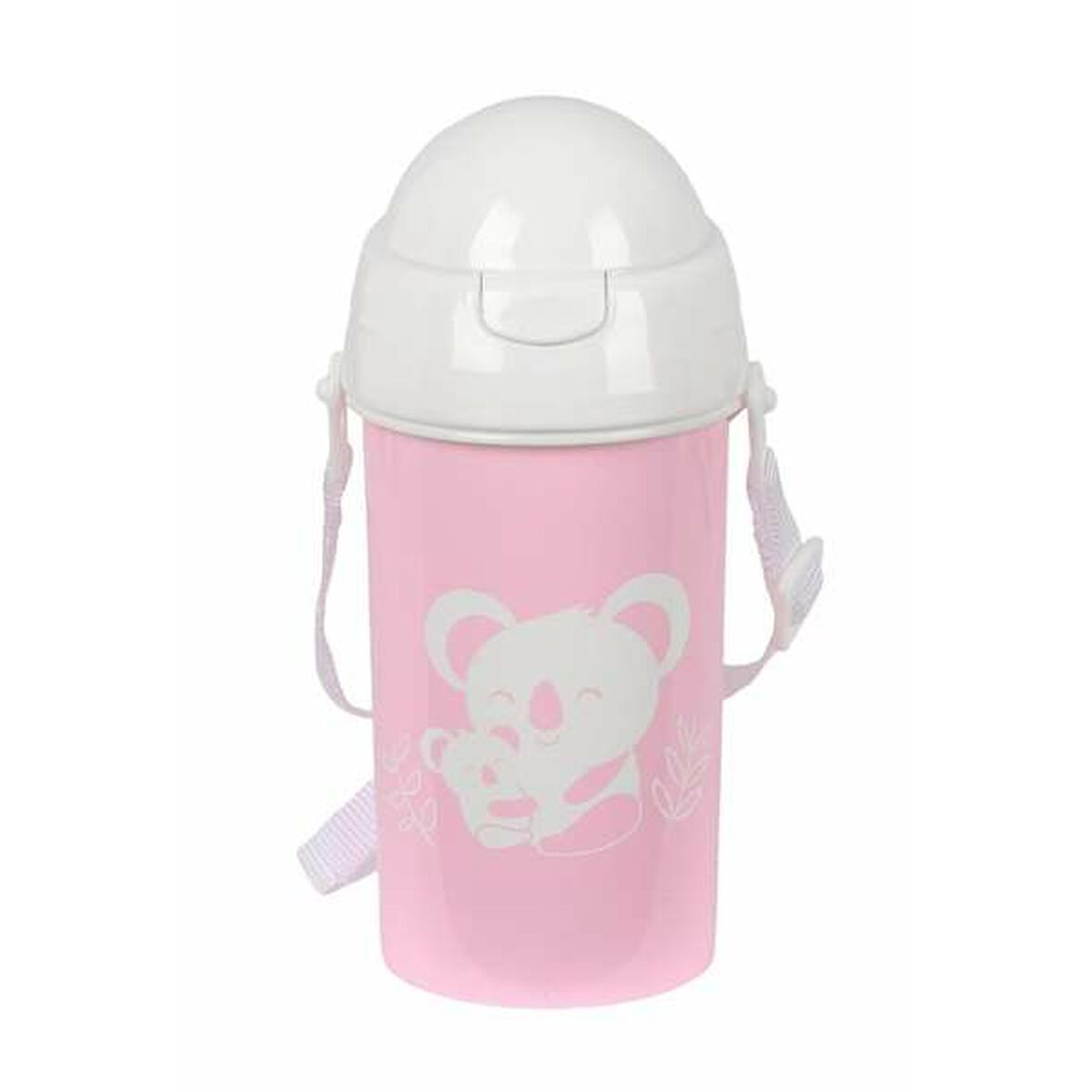 Rosa-weiße Babyflasche mit einer Koala- und Baby-Koala-Illustration.