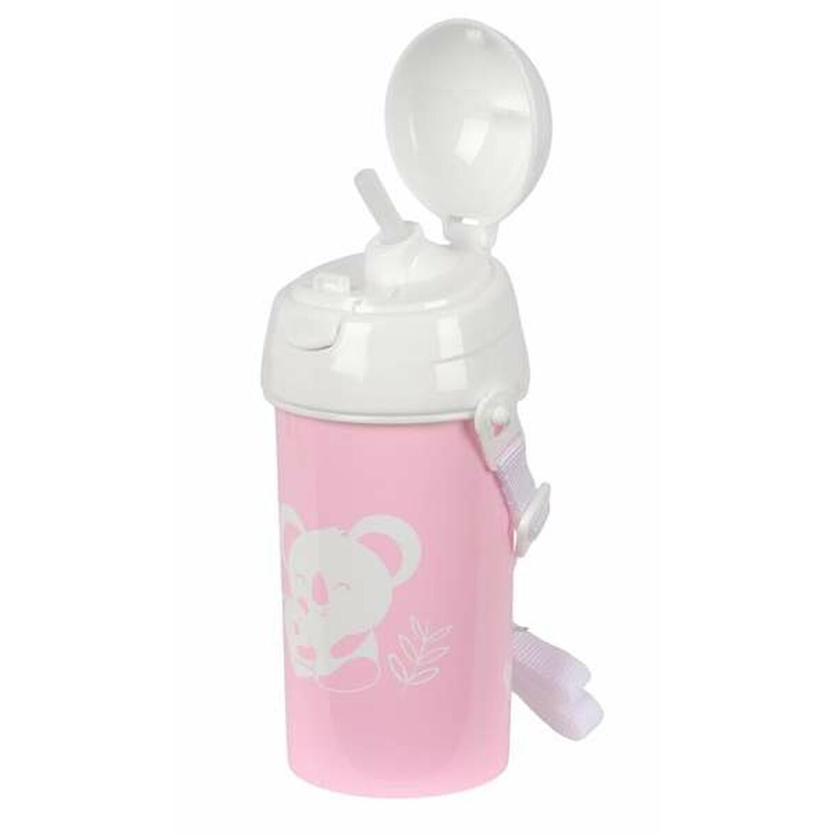 Eine rosa Babyflasche mit weißem Deckel. Sie hat eine Koala-Bären-Illustration und einen weißen Riemen.