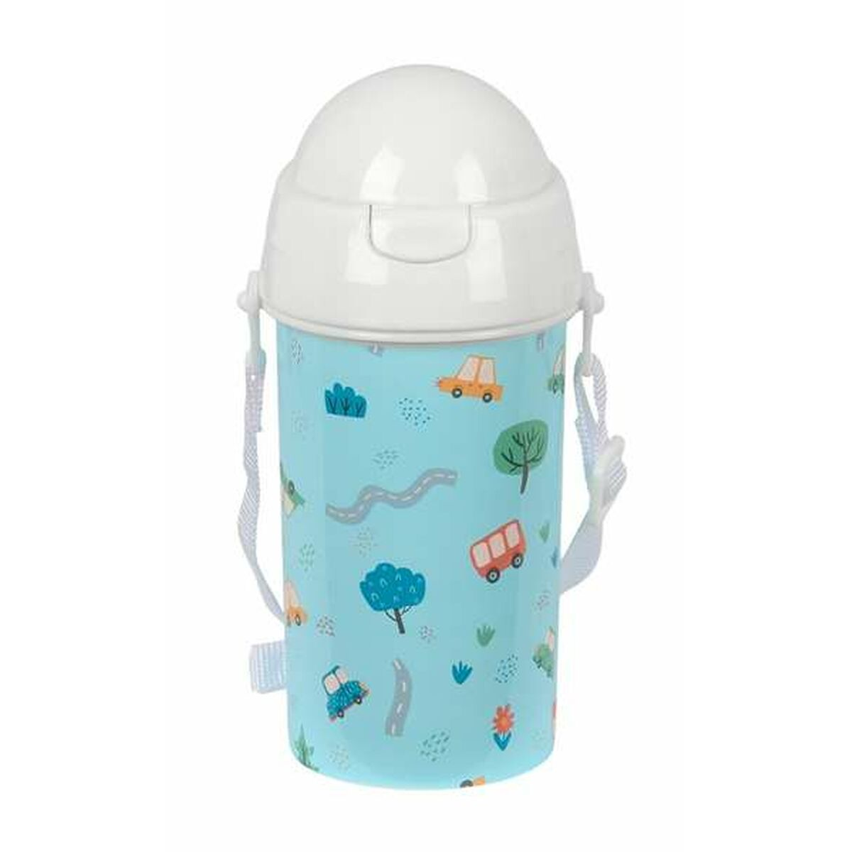 Blaue Wasserflasche mit Auto- und Baummustern, weißer Deckel und Henkel, weißer Hintergrund.