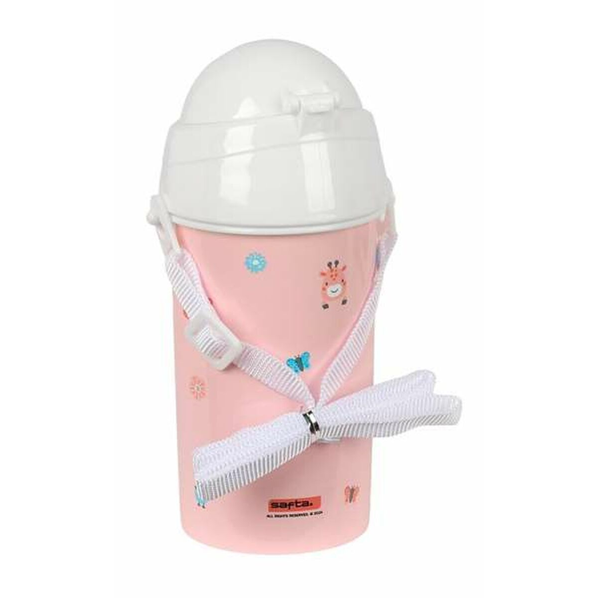 Eine rosa Wasserflasche mit weißem Deckel und Riemen. Sie hat Cartoon-Bilder und eine weiße Schleife.