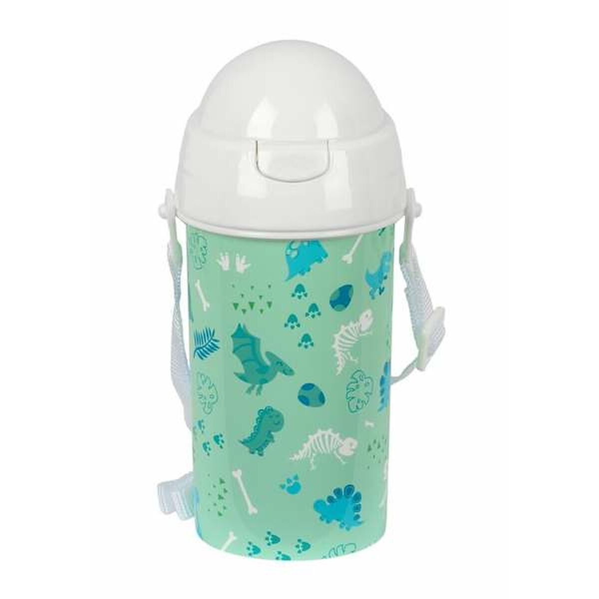 Grüne Wasserflasche mit Dinosaurier-Muster, weißem Deckel und blauem Riemen.