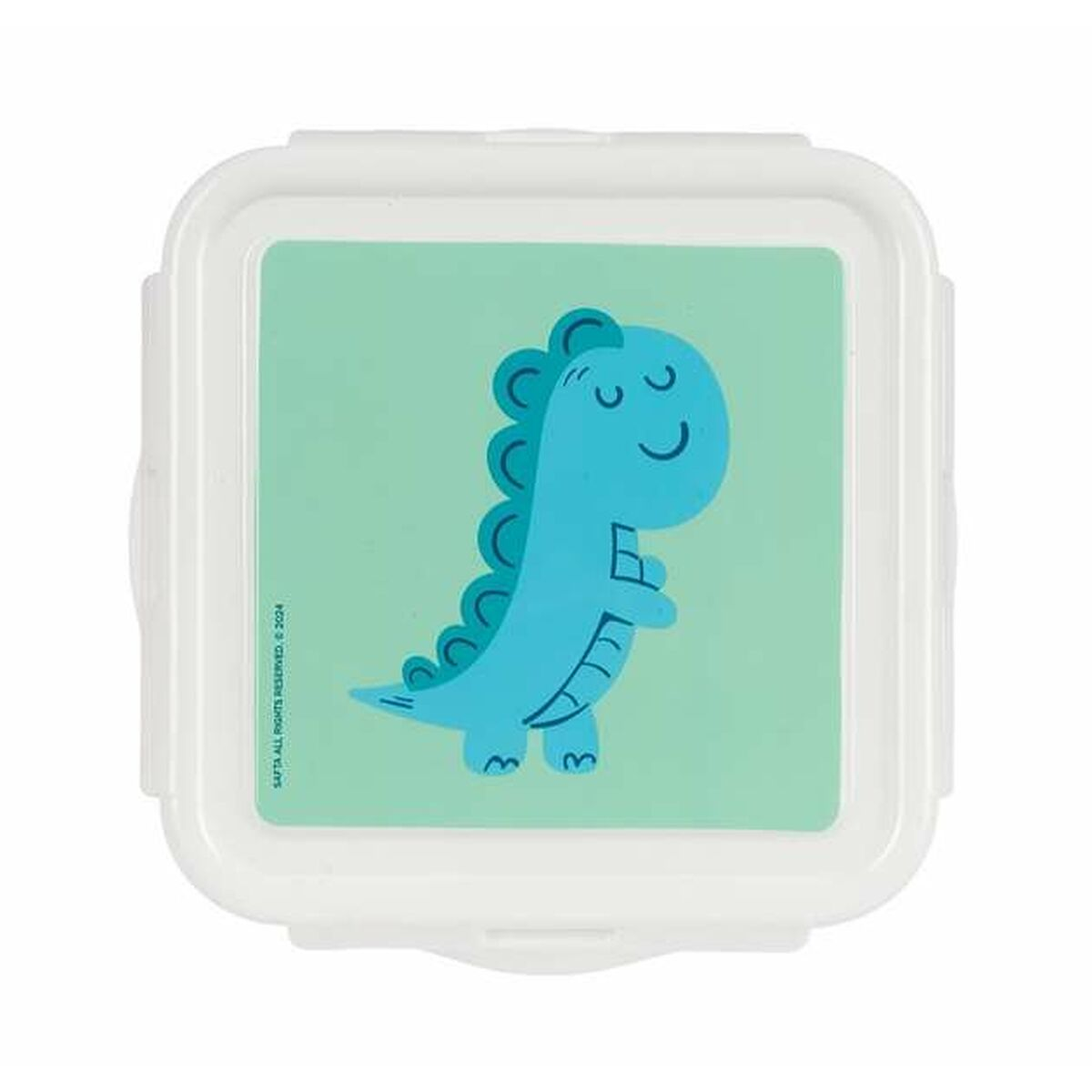 Weiße Brotdose mit blauem Dinosaurieraufdruck auf grünem Hintergrund.