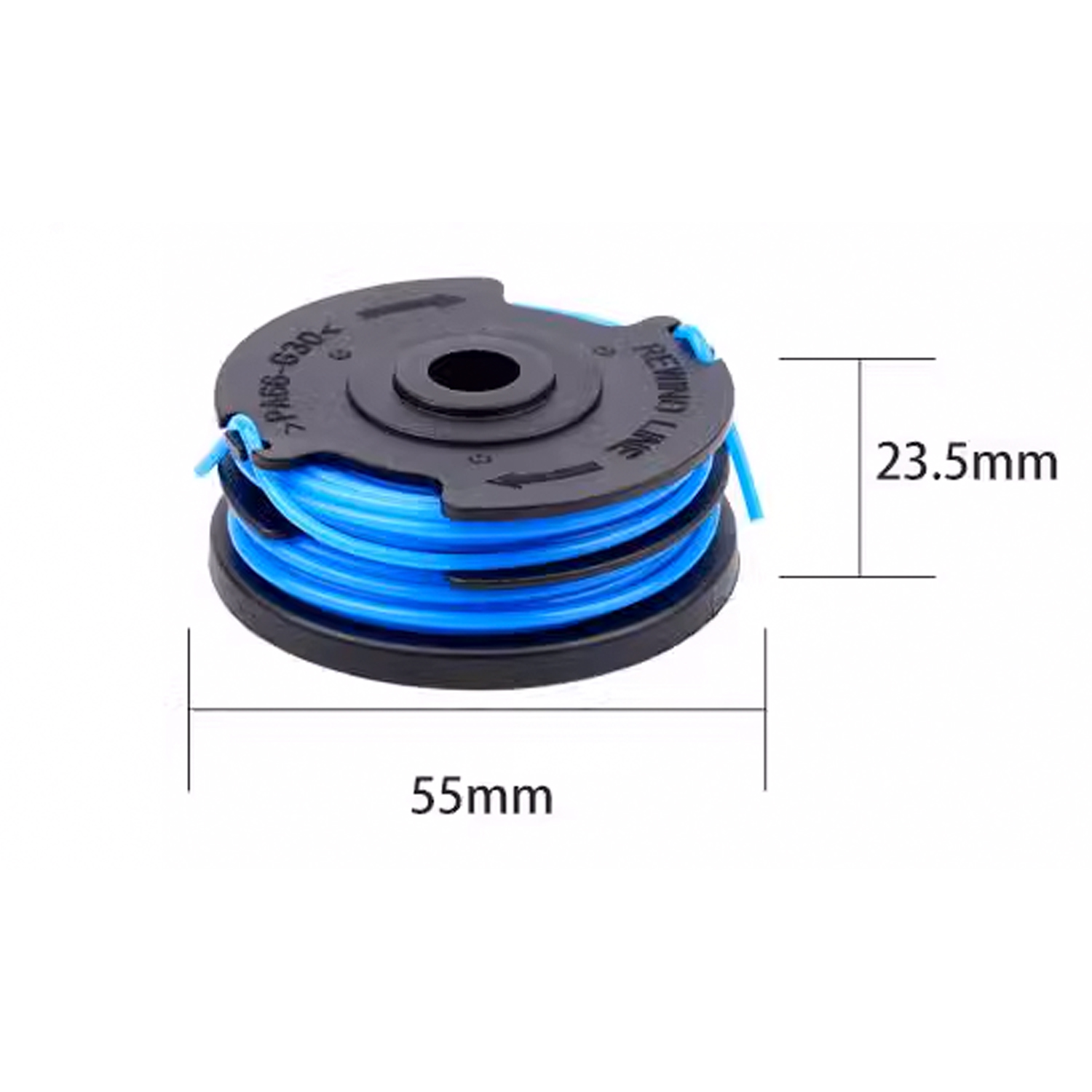 Blaue Trimmer-Schnurrolle. Die Abmessungen betragen 55 mm Breite und 23,5 mm Höhe.