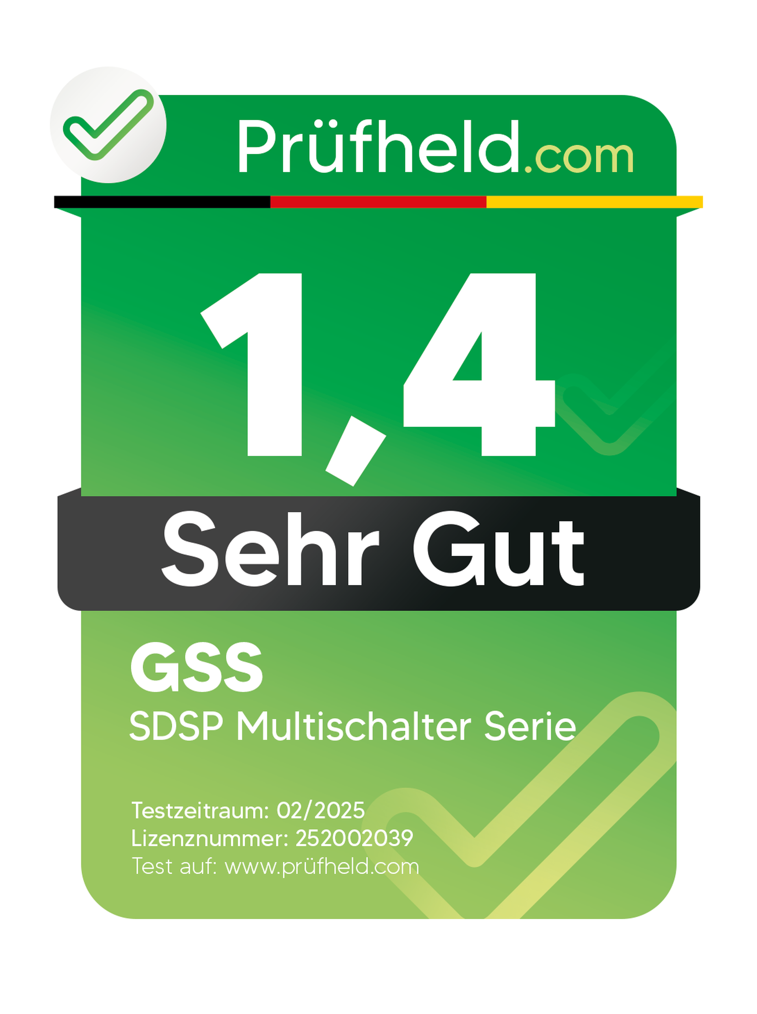 Ein grünes und schwarzes Etikett mit Haken, Text und einer Bewertung von 1,4 Sehr Gut.