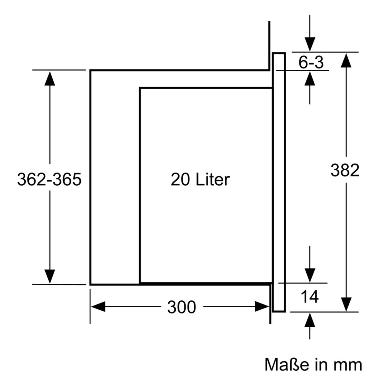 Diagramm eines Mikrowellenofens mit Abmessungen in mm. Die Beschriftungen geben die Abmessungen des Ofens an.