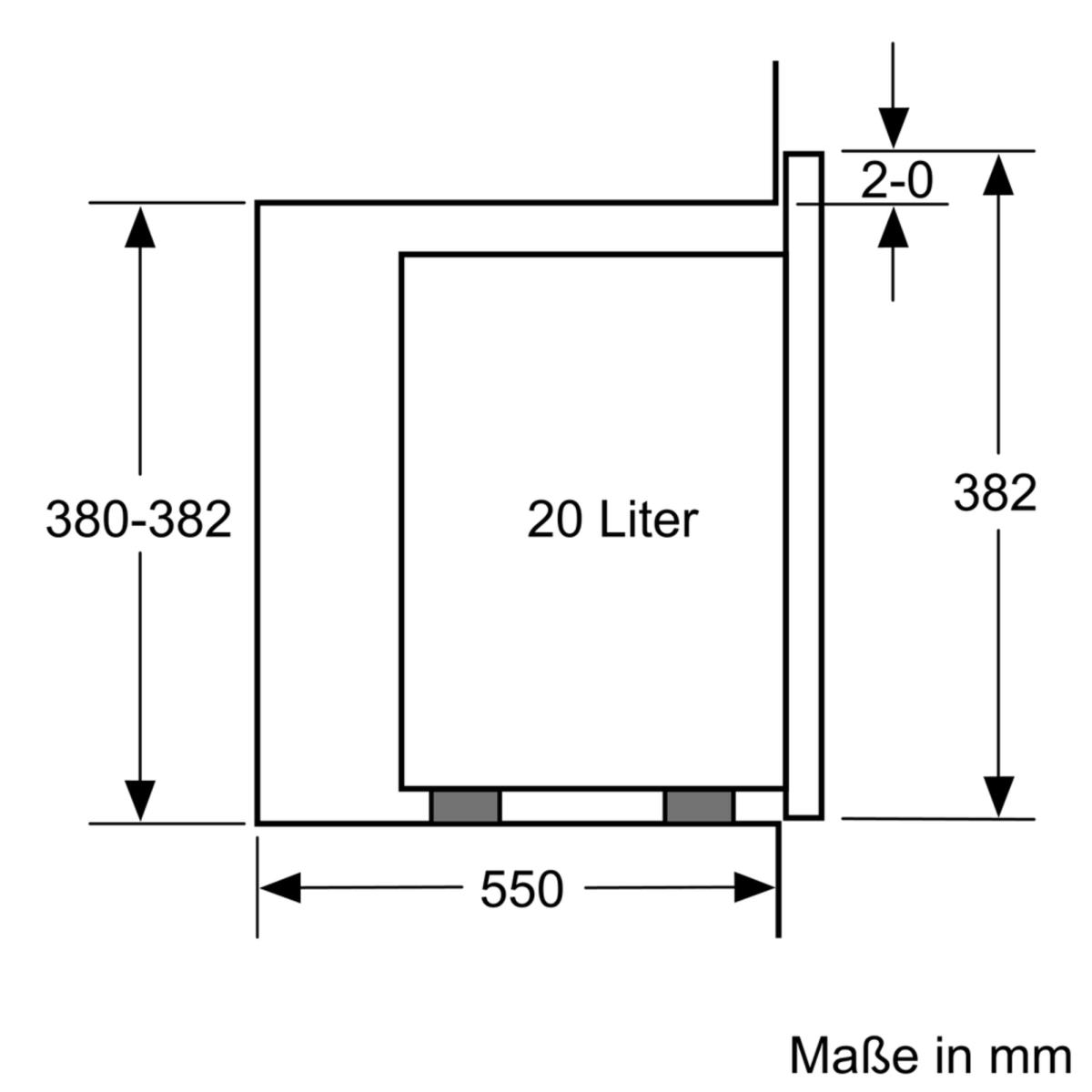 Diagramm mit Abmessungen für einen Einbau-Mikrowellenherd mit 20 Litern Fassungsvermögen.