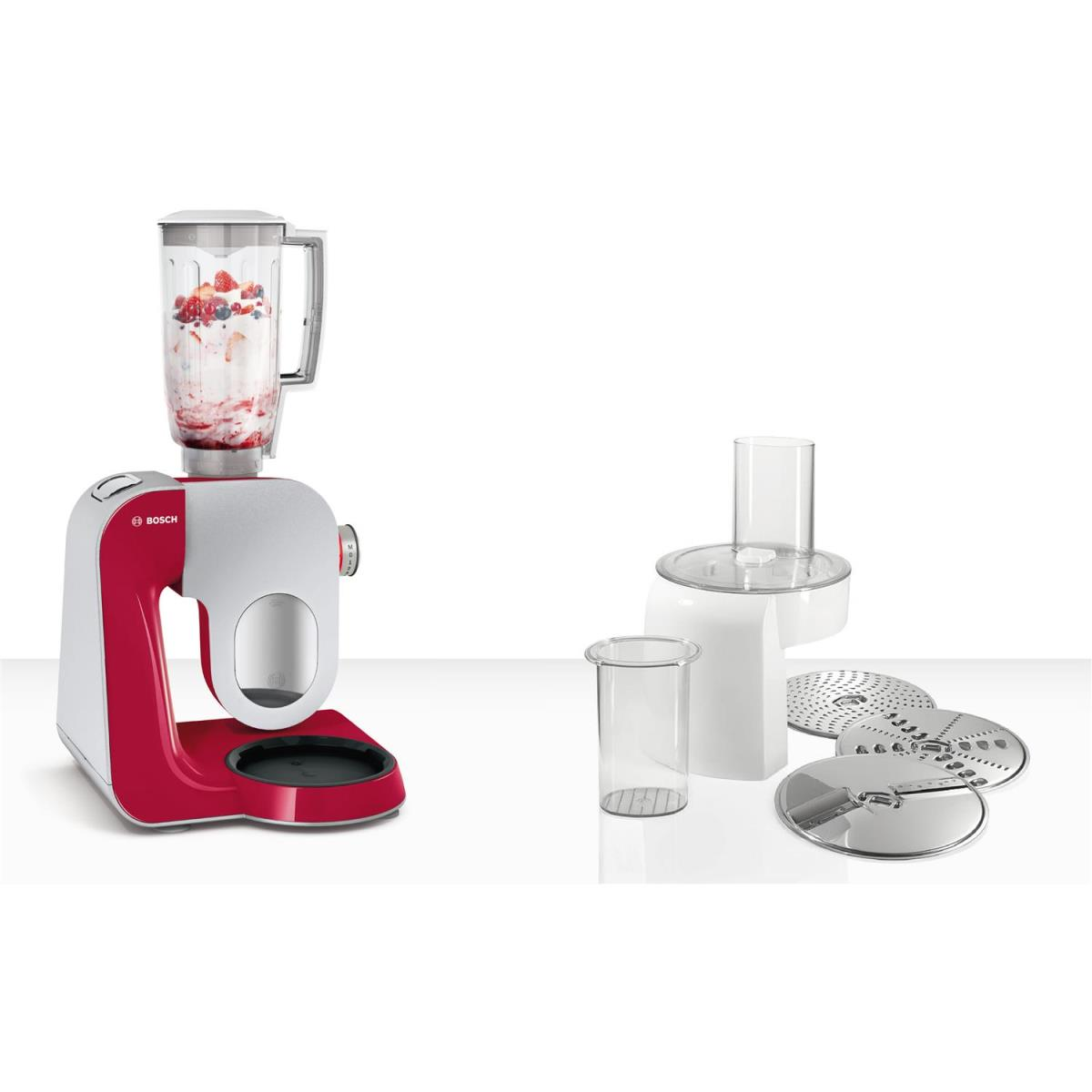 Ein rot-weißer Küchenmixer mit einem Mixeraufsatz und mehreren Aufsätzen.