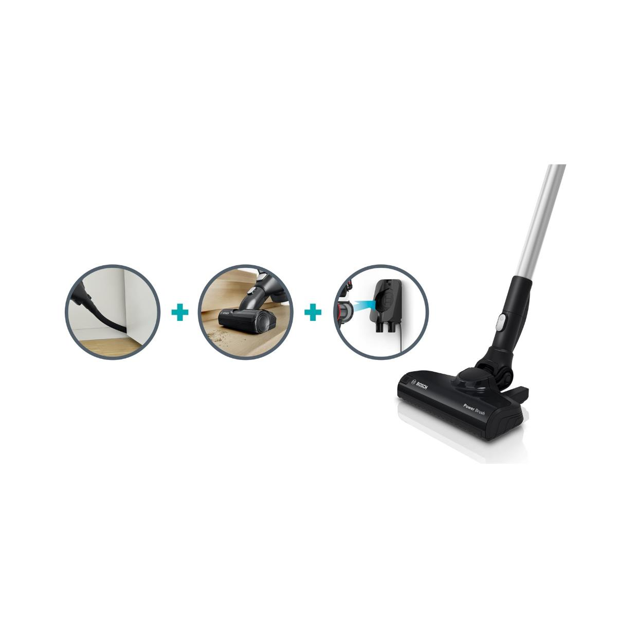 Partes de aspiradora Bosch que muestran diferentes accesorios de limpieza y el cuerpo principal de la aspiradora.
