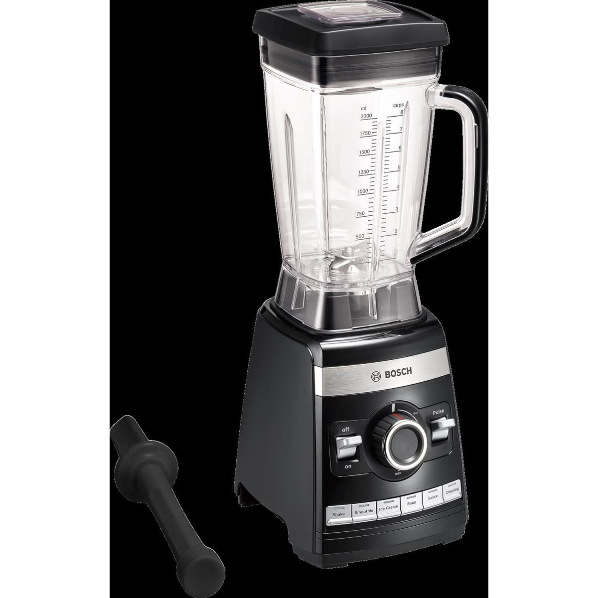 Czarny blender Bosch z przezroczystym pojemnikiem i czarnym tłokiem. Blender ma srebrny panel.
