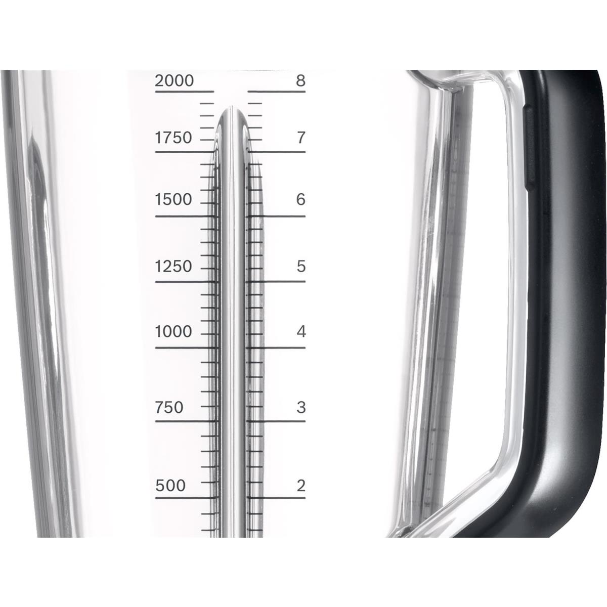 Pojemnik blendera z oznaczeniami pomiarowymi. Przezroczysty plastik z czarnym uchwytem.