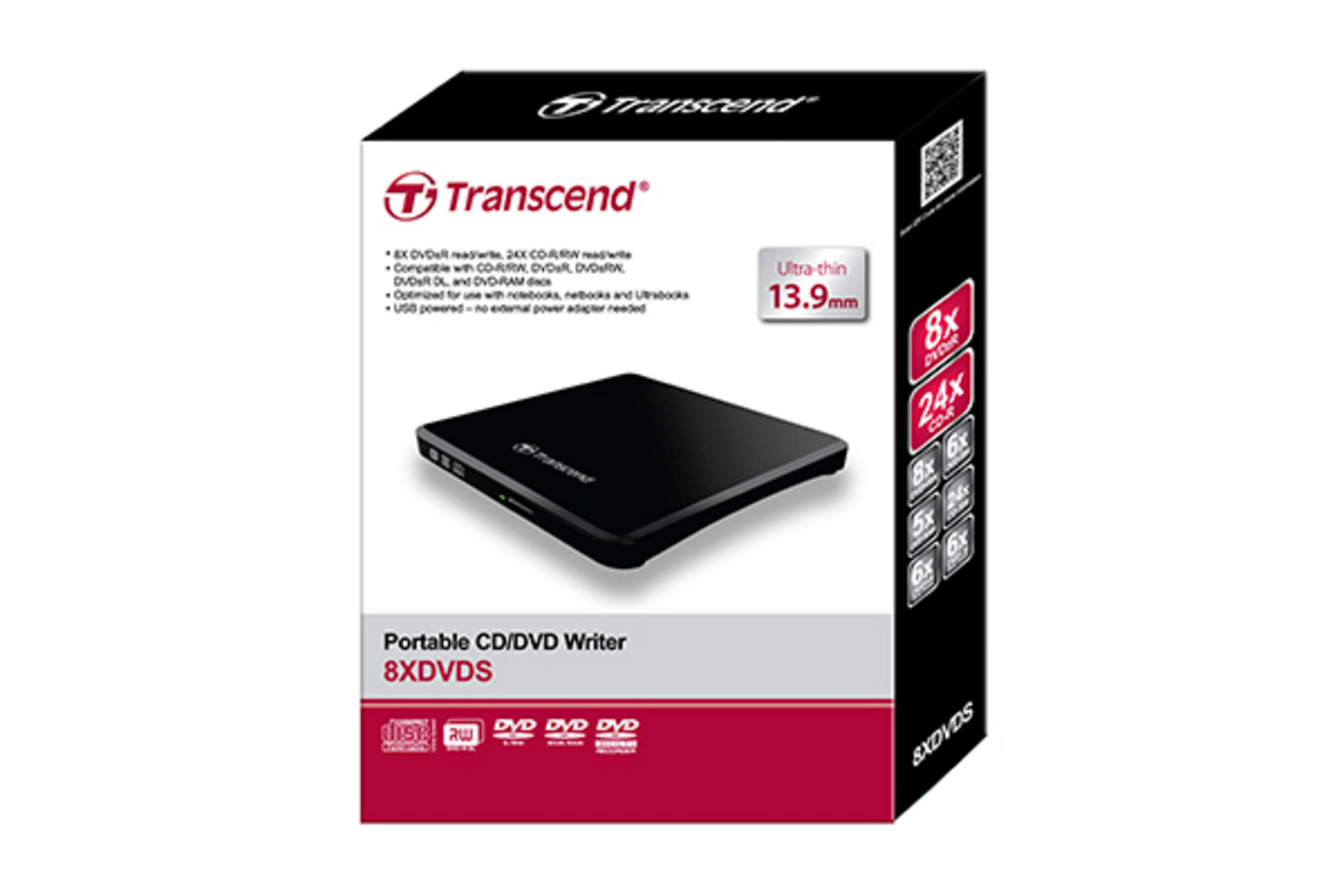 Pudełko nagrywarki CD/DVD Transcend. Czarny obraz urządzenia na białym tle.