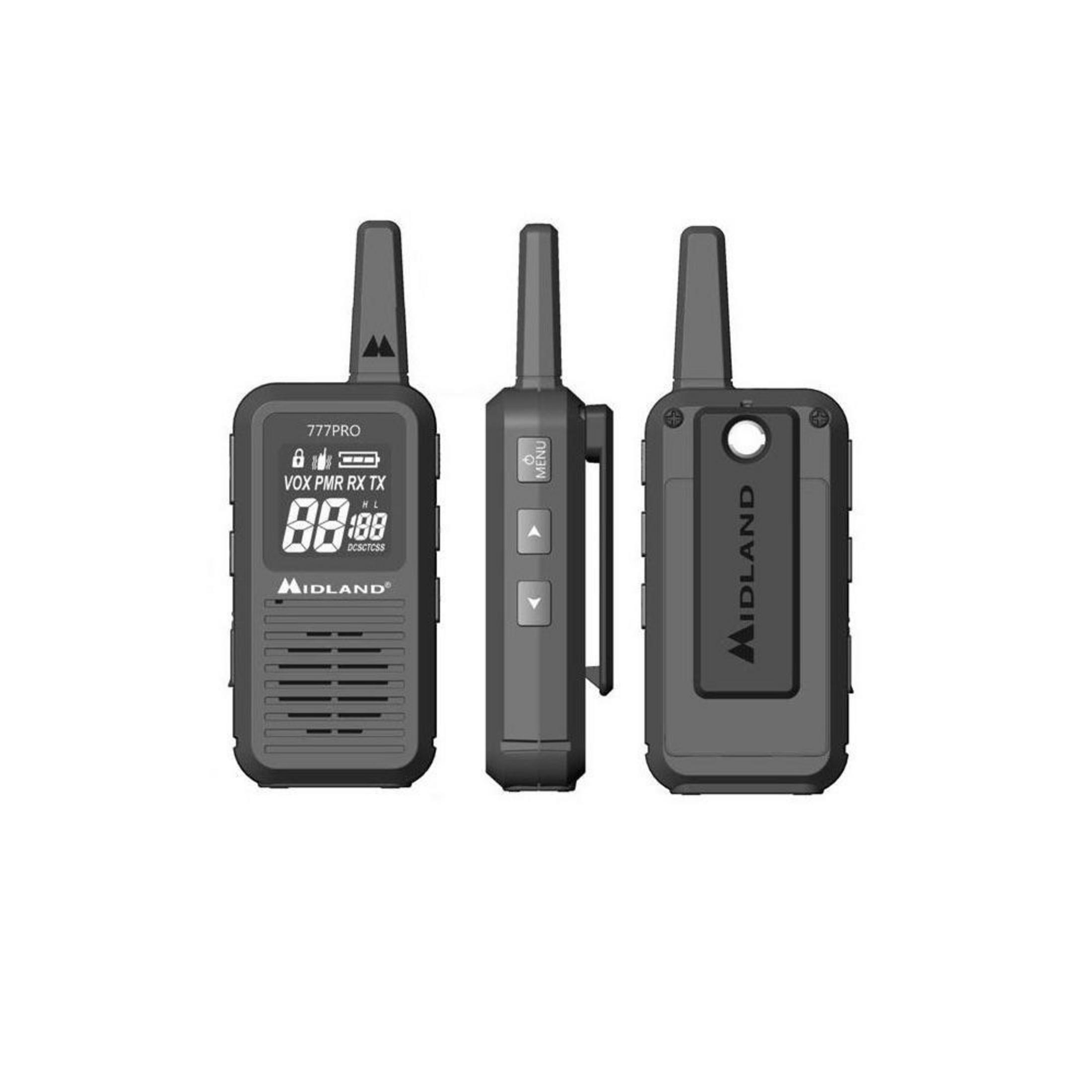 Drei schwarze Walkie-Talkies, eines zeigt einen Bildschirm mit Text. Das mittlere zeigt die Seitenansicht.