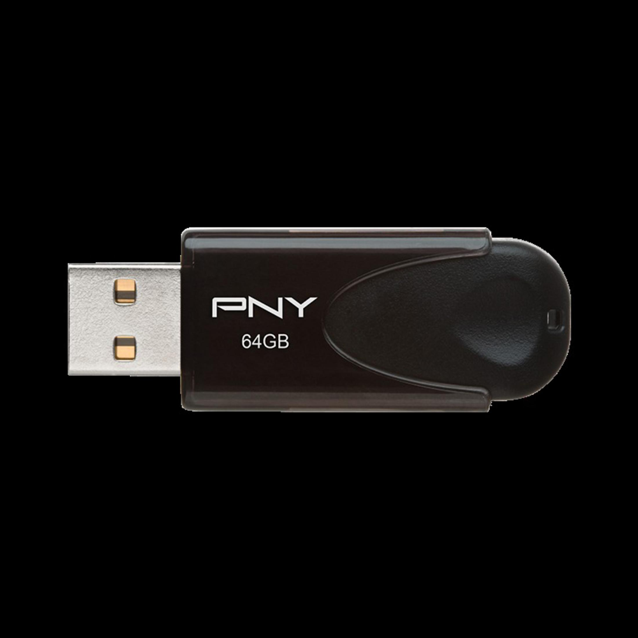 Czarny pendrive PNY 64GB na czarnym tle.