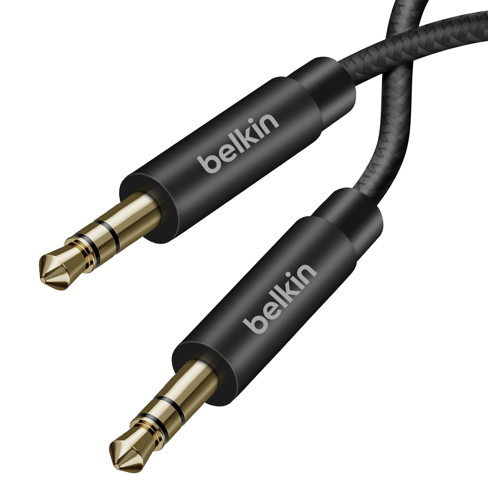 Schwarzes Audiokabel mit goldfarbenen Steckern, weißer Hintergrund.