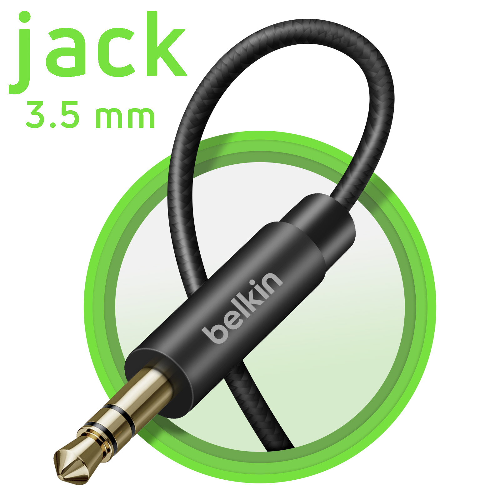 Schwarzes 3,5-mm-Belkin-Audio-Kabel mit grünem kreisförmigen Rand und dem Wort 
