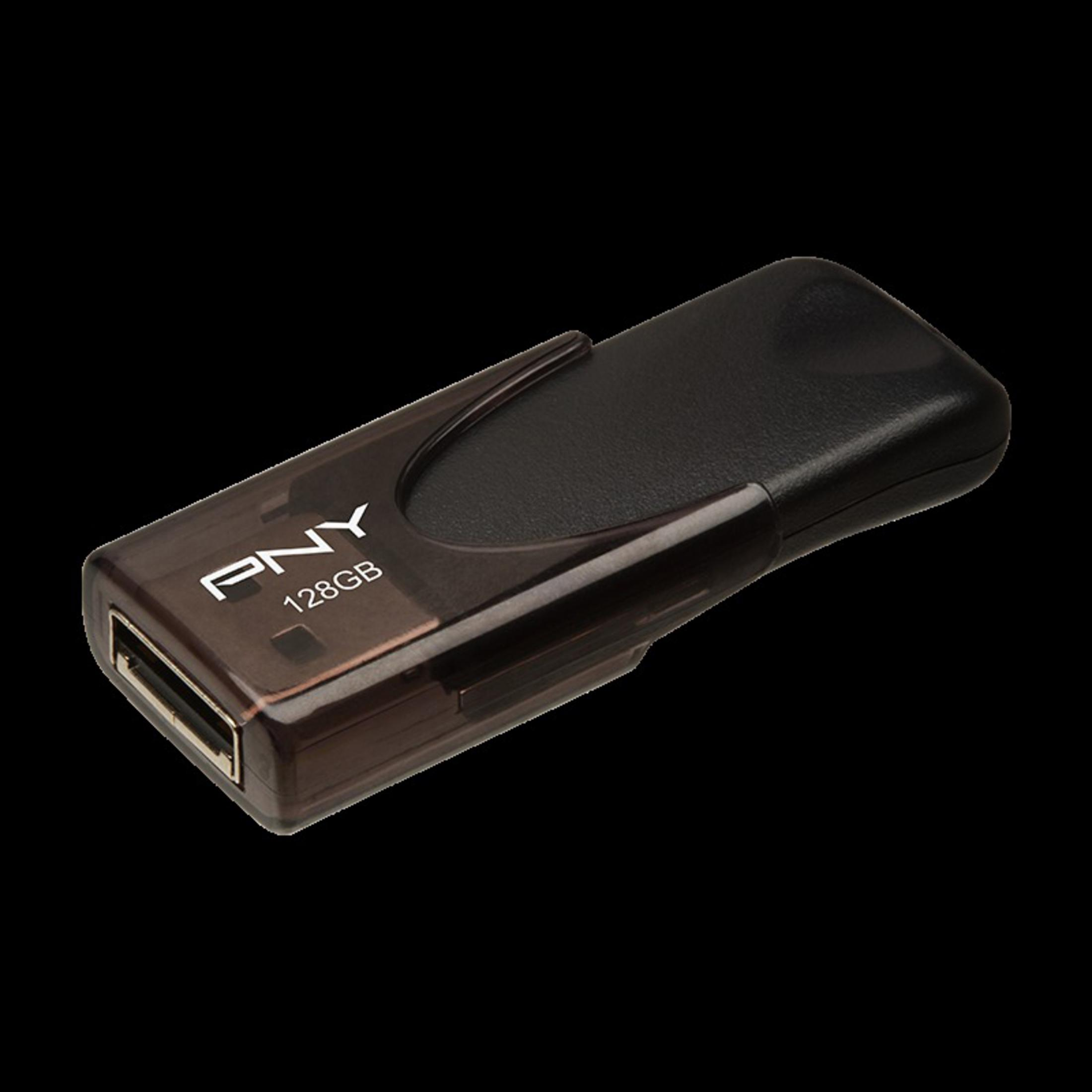 Czarny i przezroczysty pendrive z napisem 'PNY' i '128GB' na czarnym tle.