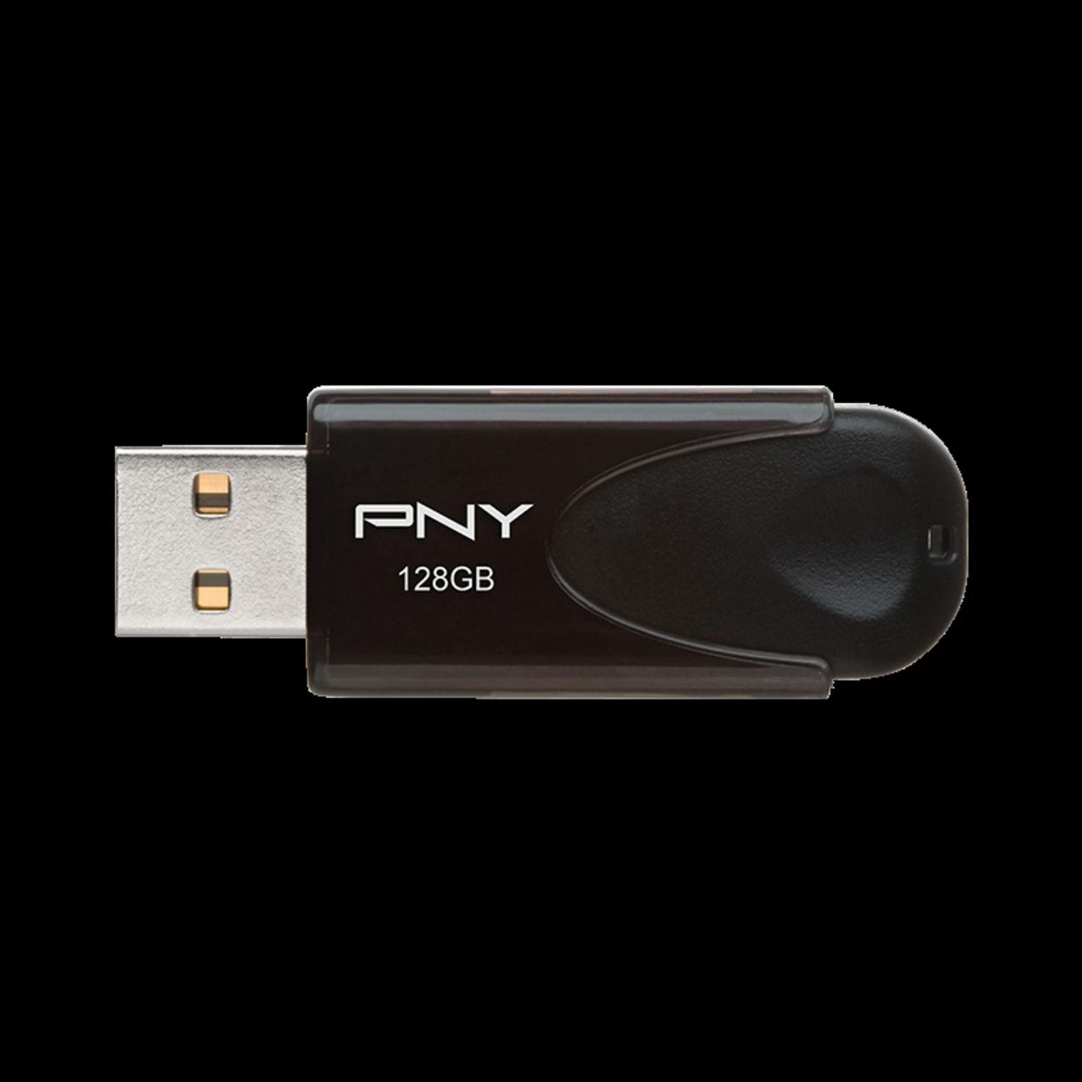 Czarny pendrive z nazwą marki PNY i napisem 128GB.