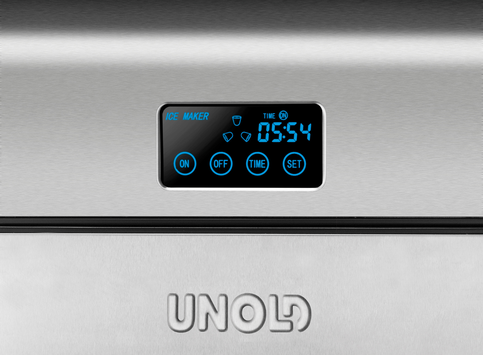 Panel sterowania kostkarką do lodu. Wyświetla czas i ma przyciski: ON, OFF, TIME, SET.