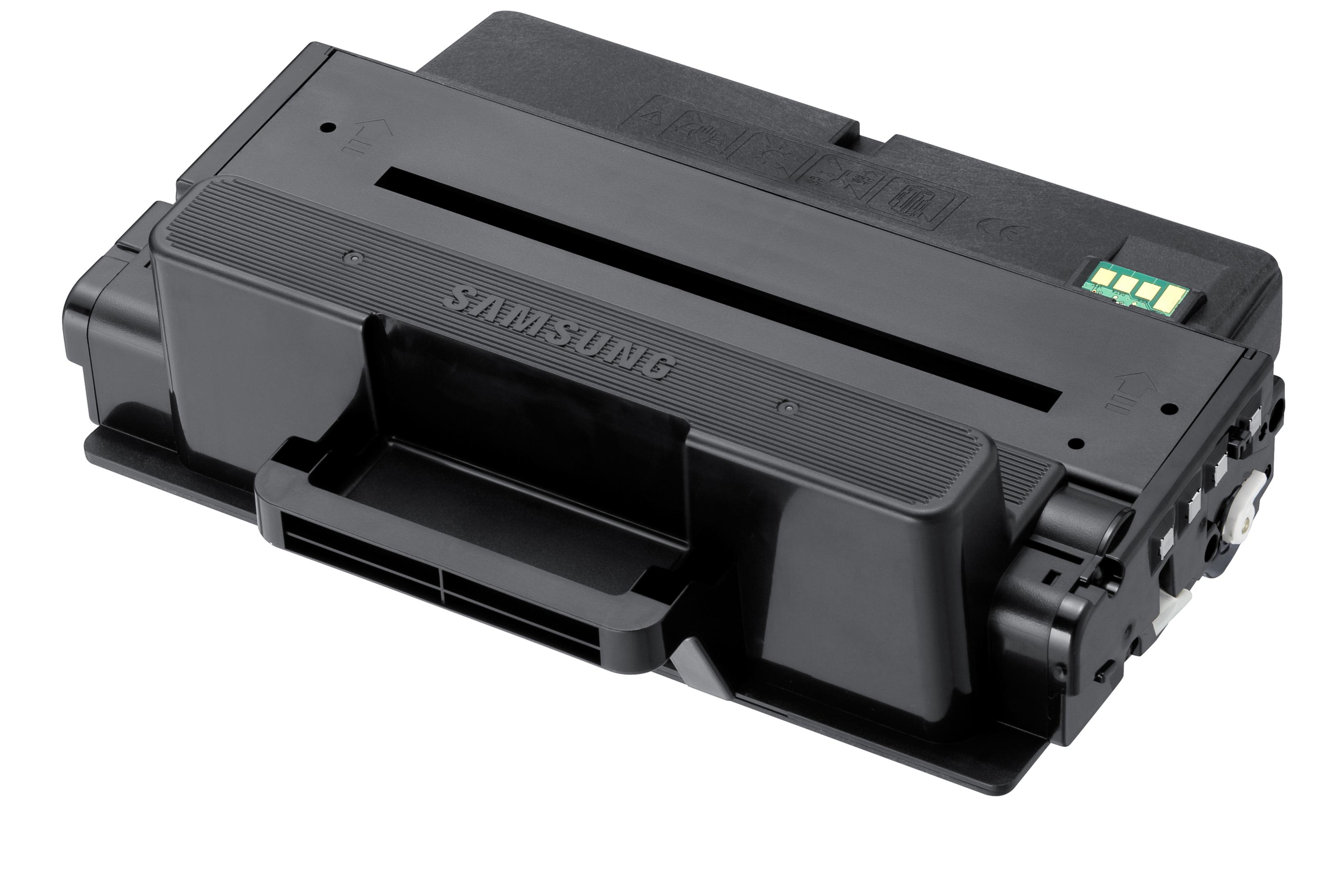 Cartuccia toner Samsung nera su sfondo bianco.