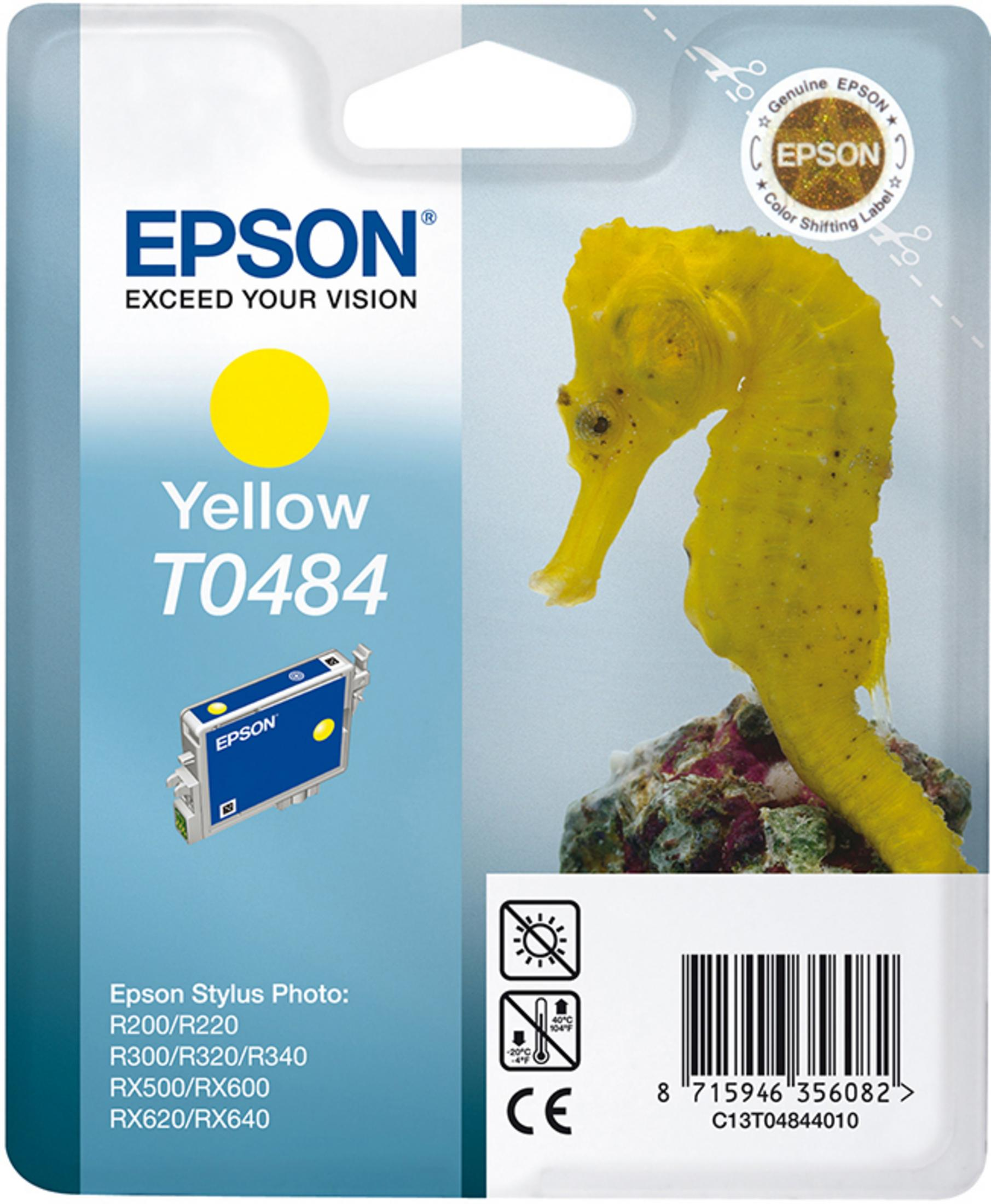 Pack de cartouche d'encre Epson. Encre jaune, image d'hippocampe et infos produit.