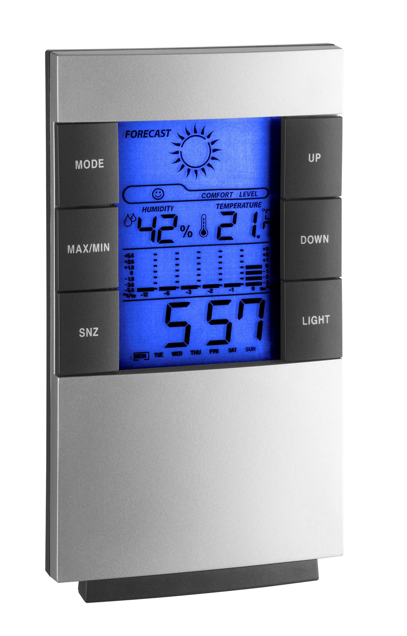 Eine silberne digitale Wetterstation mit blauem LCD, das Luftfeuchtigkeit, Temperatur und Uhrzeit anzeigt.