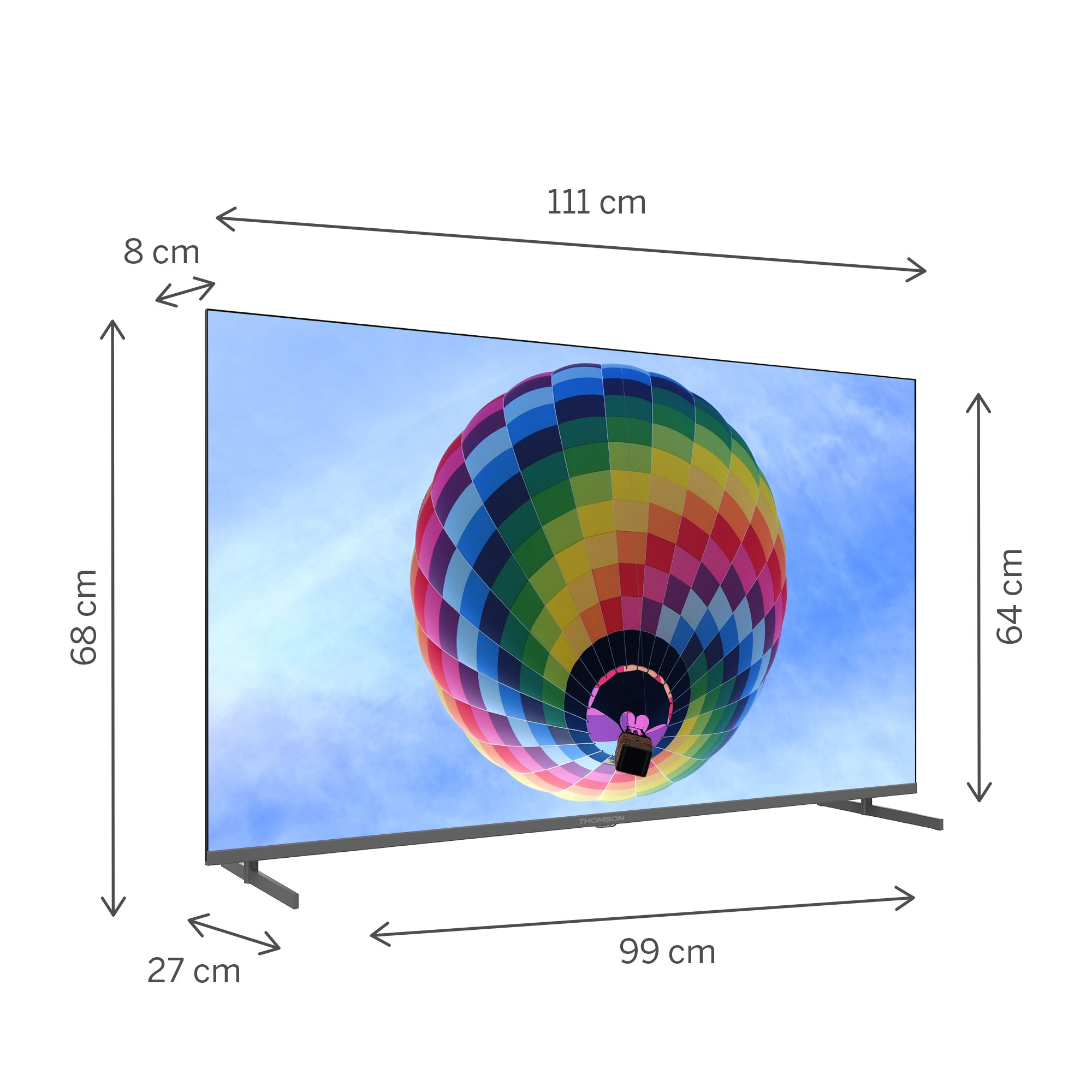 Tv-scherm met een kleurrijke luchtballon. Afmetingen worden getoond. Het heeft een zilveren standaard.