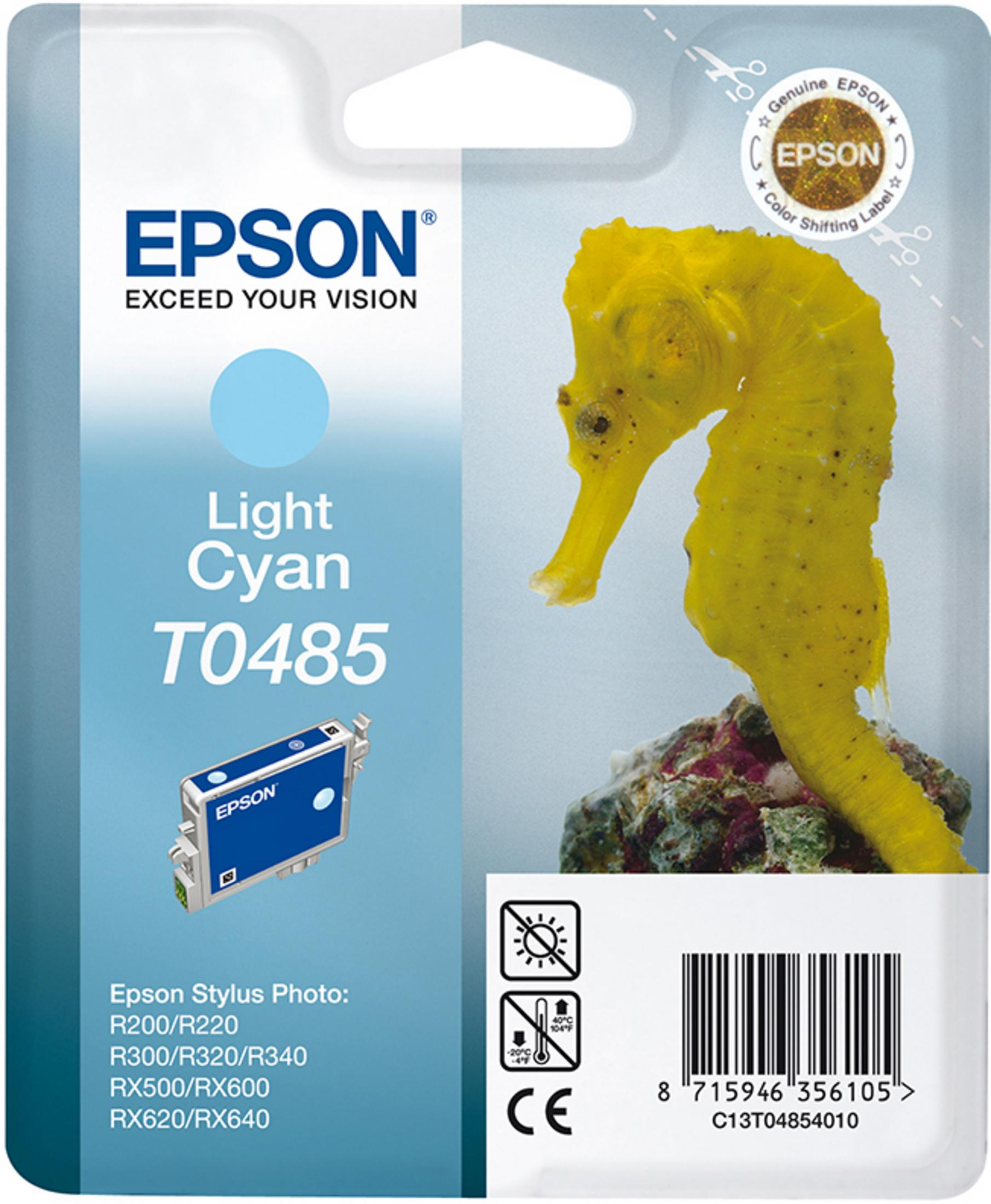 Epson Tintenpatronenverpackung mit Seepferdchenbild und hellblauer Patrone.