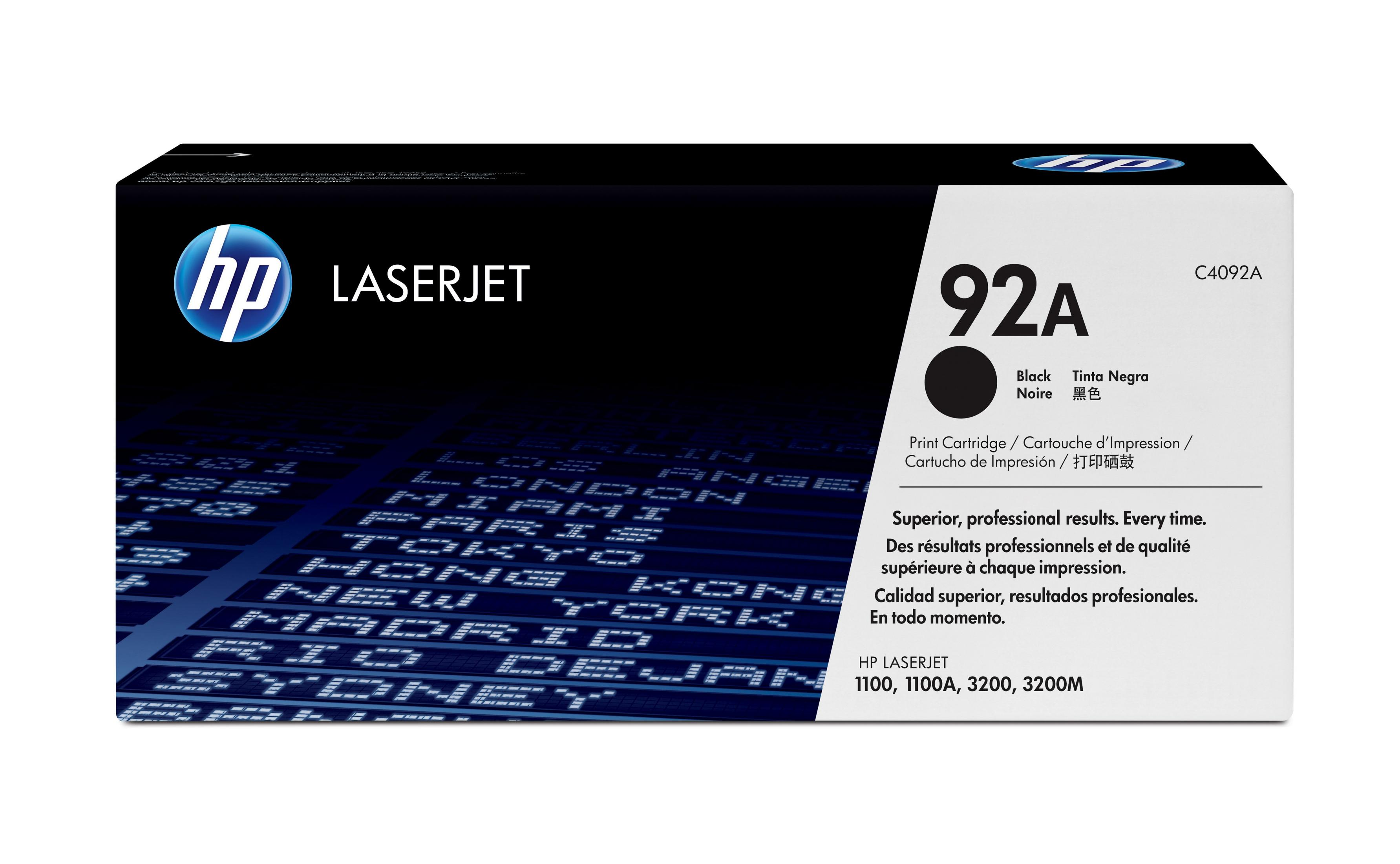 Scatola della cartuccia toner nera HP LaserJet 92A. Contiene toner nero per la stampa professionale.