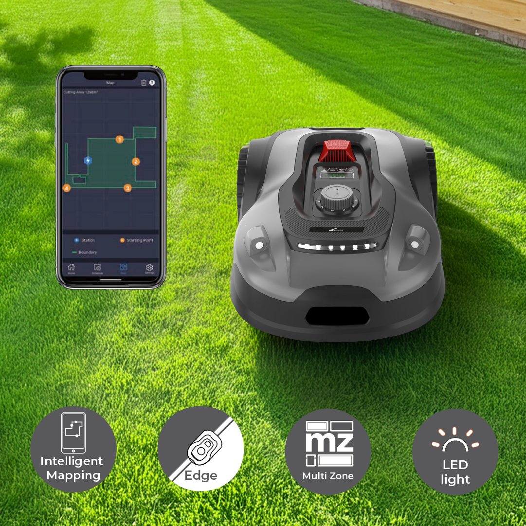 Robot grasmaaier op gras, met een telefoon met een kaart.