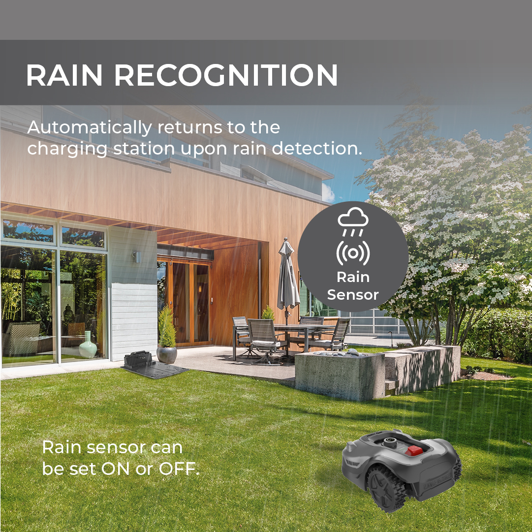 Een robotmaaier op gras met een regensensor, een huis op de achtergrond. Tekst: Regenherkenning.