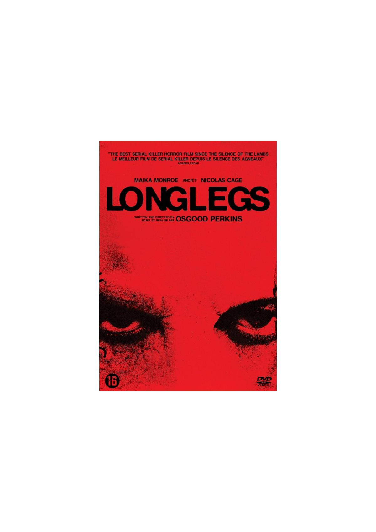 Filmposter: rode achtergrond, zwarte titel "Longlegs", ogen.