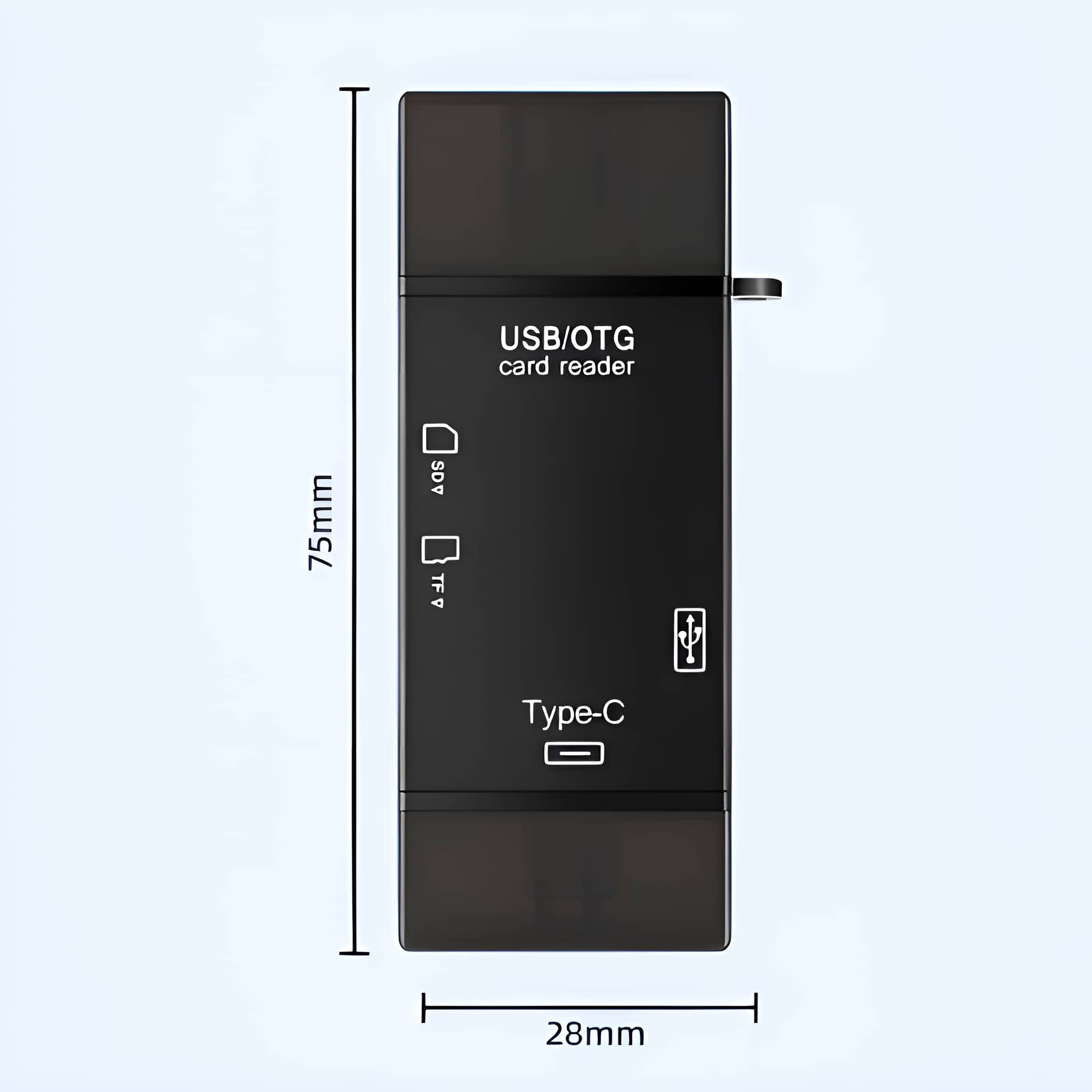 Ein schwarzer USB/OTG-Kartenleser mit Typ-C-Anschluss, SD-, TF-Steckplätzen und Abmessungen auf blauem Grund.