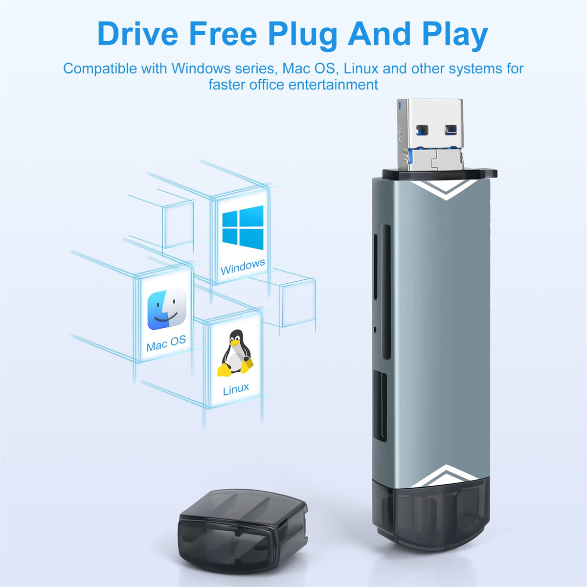 Grauer USB-Stick mit schwarzer Kappe, wirbt mit Drive Free Plug and Play für Mac OS, Windows, Linux.