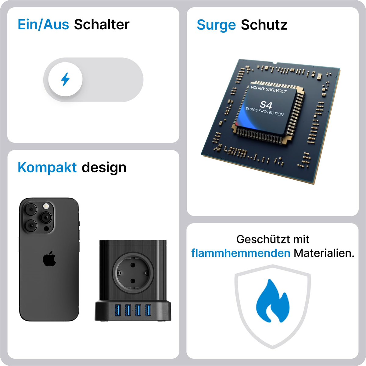 Eine Steckdosenleiste mit Ein/Aus-Schalter, Überspannungsschutz und Telefon. Der Text beinhaltet 'flammhemmenden Materialien'.