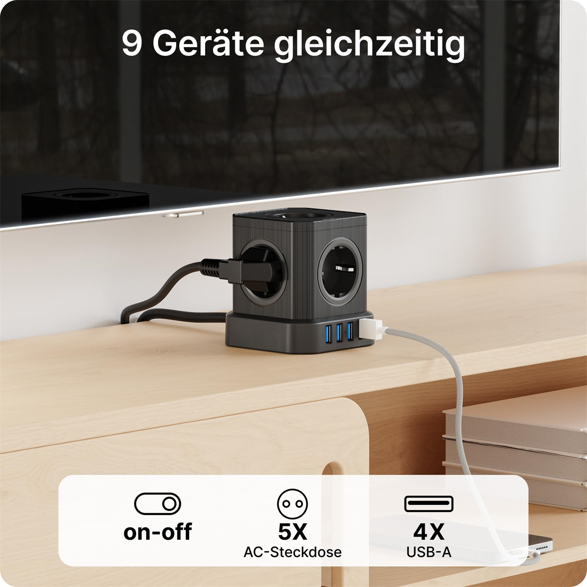 Steckdosenleiste mit 9 Anschlüssen, 5 AC- und 4 USB-A-Anschlüssen, mit einem Fernseher im Hintergrund.