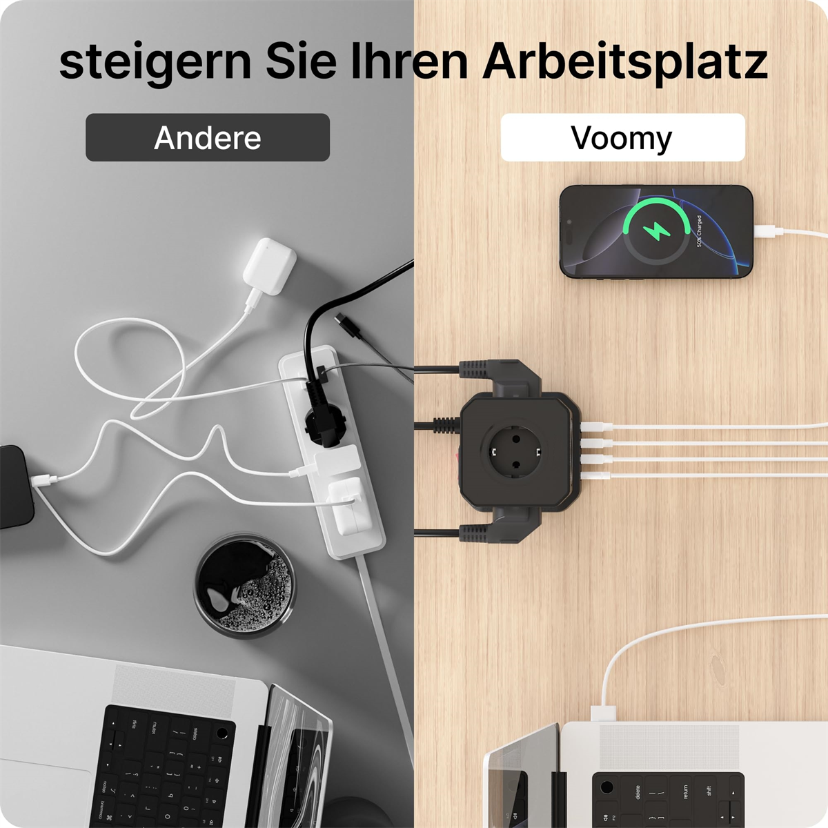 Vergleich von Steckdosenleisten: eine unordentlich, eine geordnet mit ladendem Telefon und schwarzem Adapter.