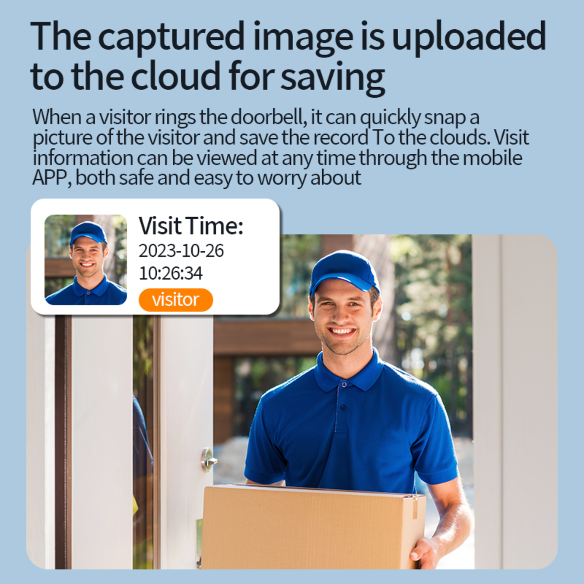 Ein Mann in blauer Uniform mit einem Paket steht vor einer Tür. Text beschreibt die Szene.