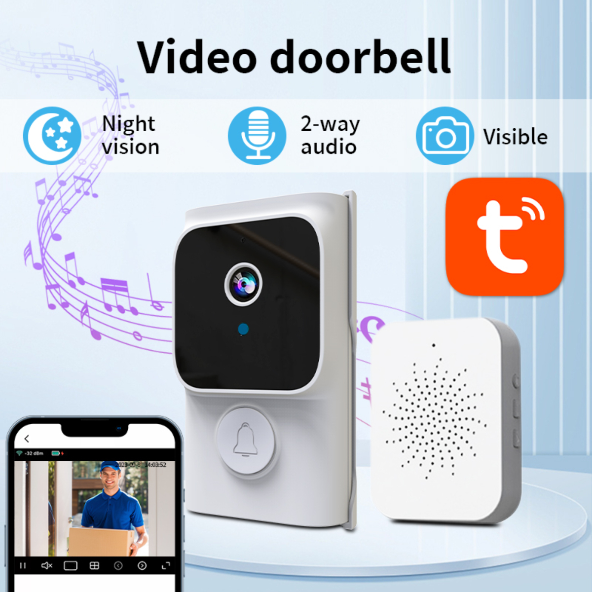 Ein Video-Türklingelsystem. Zeigt die Türklingel, den Gong und eine Telefonbildschirmansicht der Kamera.