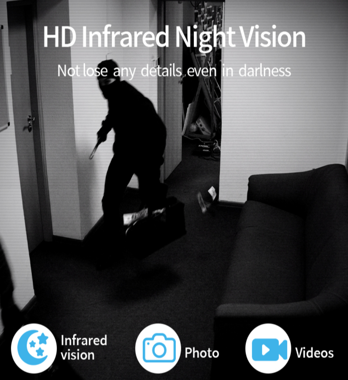 Monochromes Bild, das eine Person zeigt, die in einem Flur rennt. Text sagt 'HD Infrarot-Nachtsicht'.
