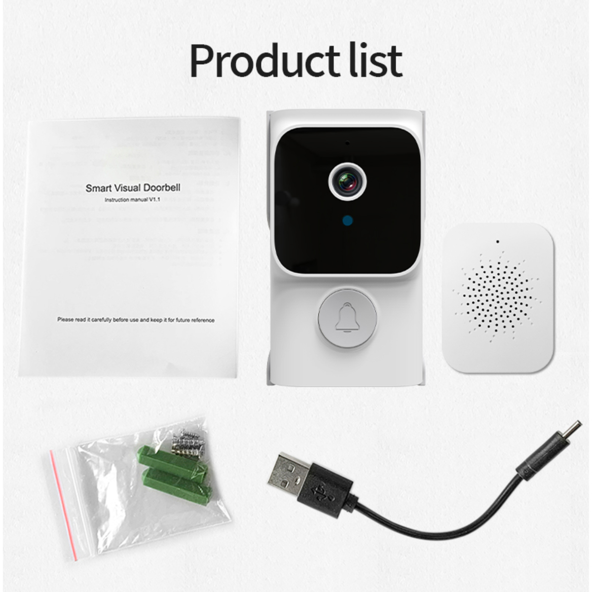 Produktliste der Smart-Türklingel, einschließlich Türklingel, Empfänger, Handbuch und Kabel.