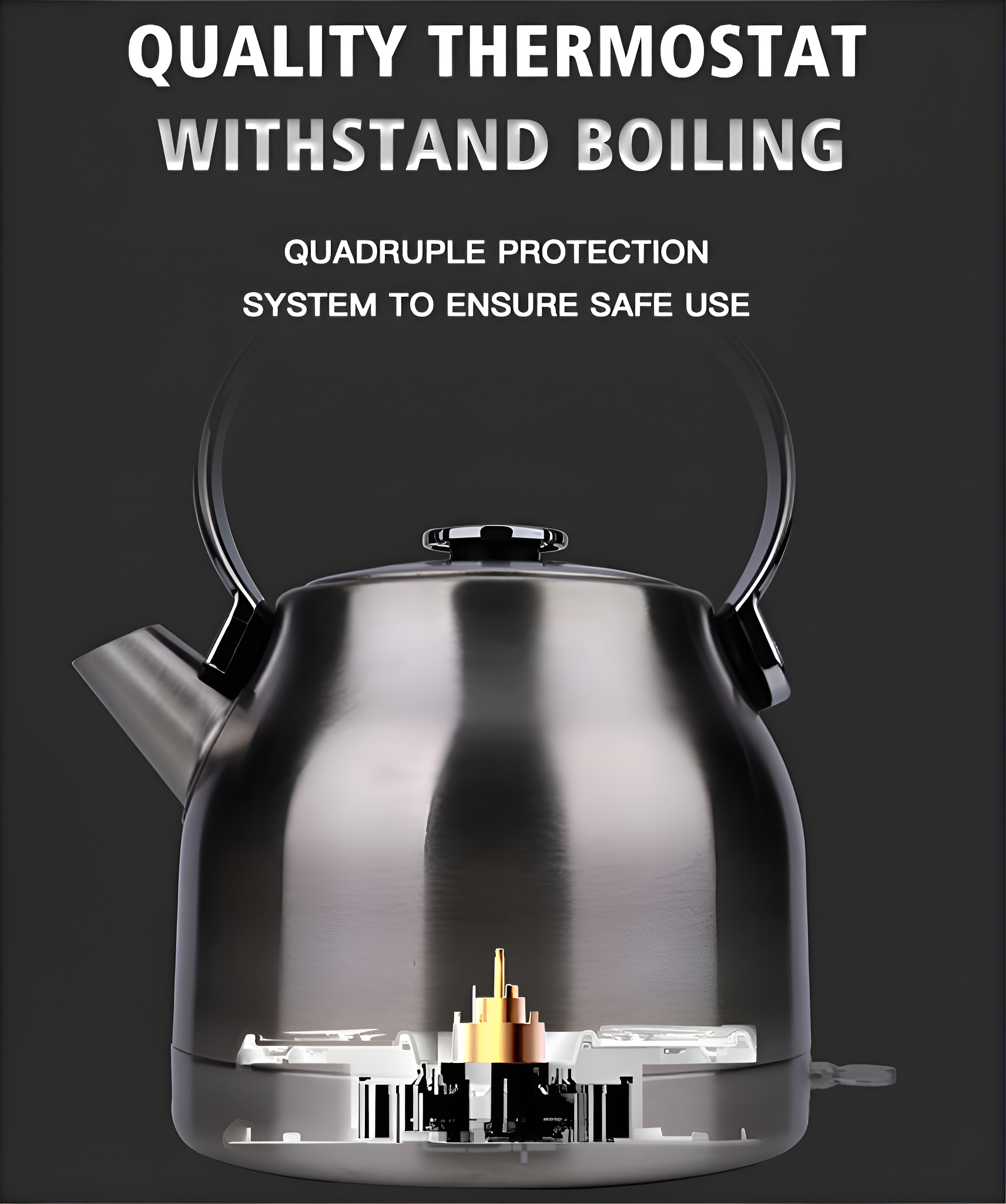 Ein Edelstahlkessel mit sichtbarem Heizelement, mit Text: Qualitäts-Thermostat, hält Kochen stand.
