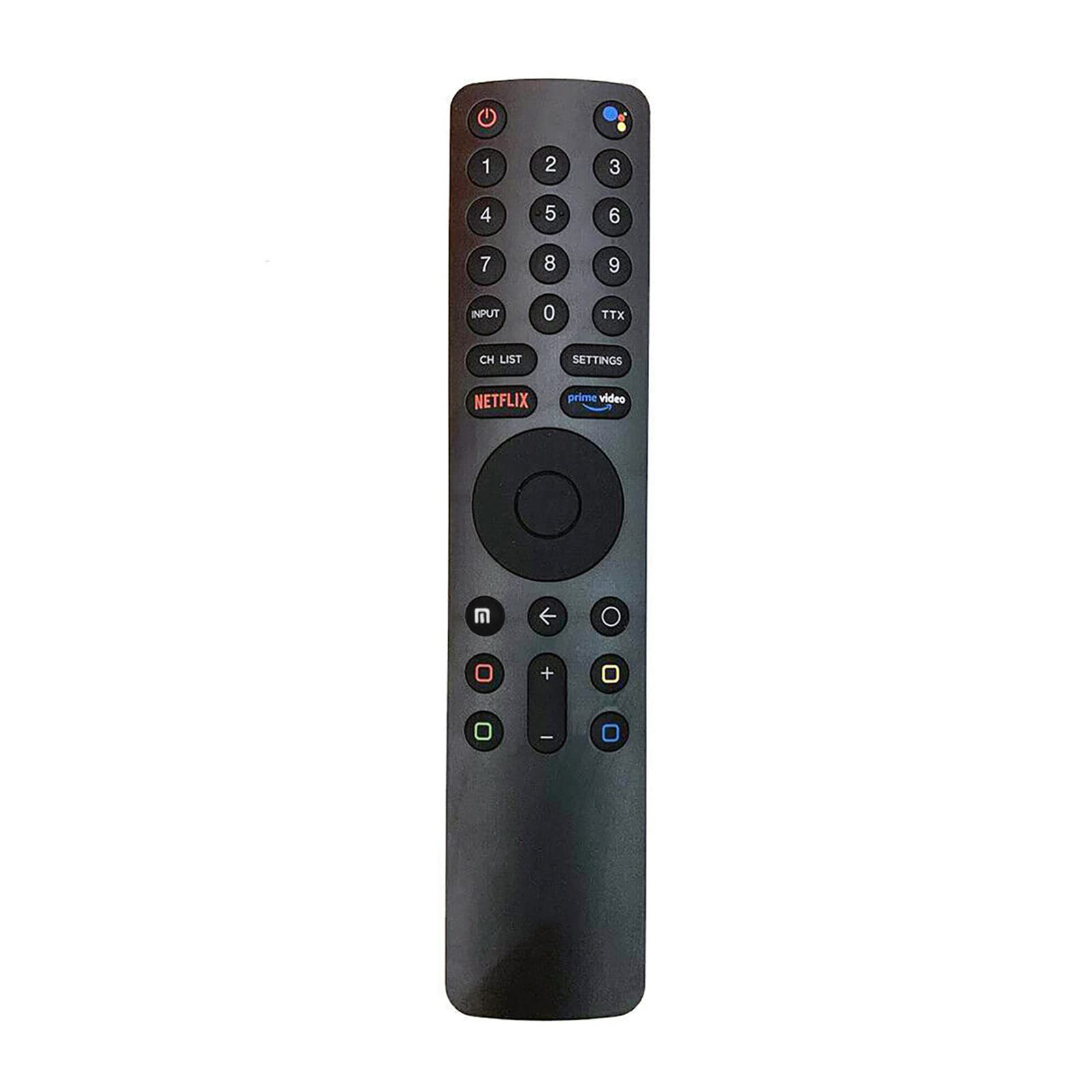 Schwarze TV-Fernbedienung mit Knöpfen. Die Fernbedienung hat das Netflix- und Prime Video-Logo. Weißer Hintergrund.