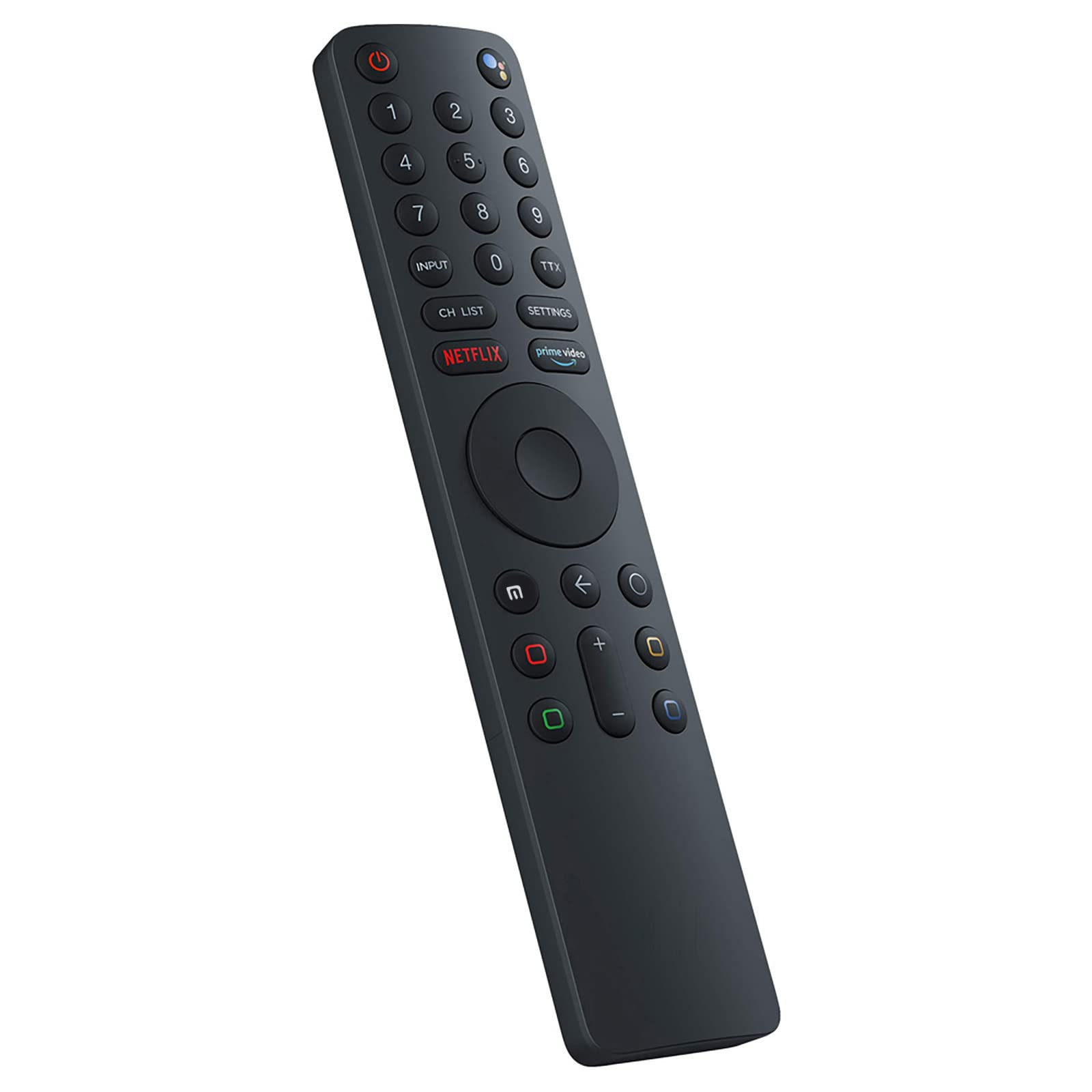 Eine schwarze TV-Fernbedienung mit verschiedenen Tasten, einschließlich Netflix und Prime Video.