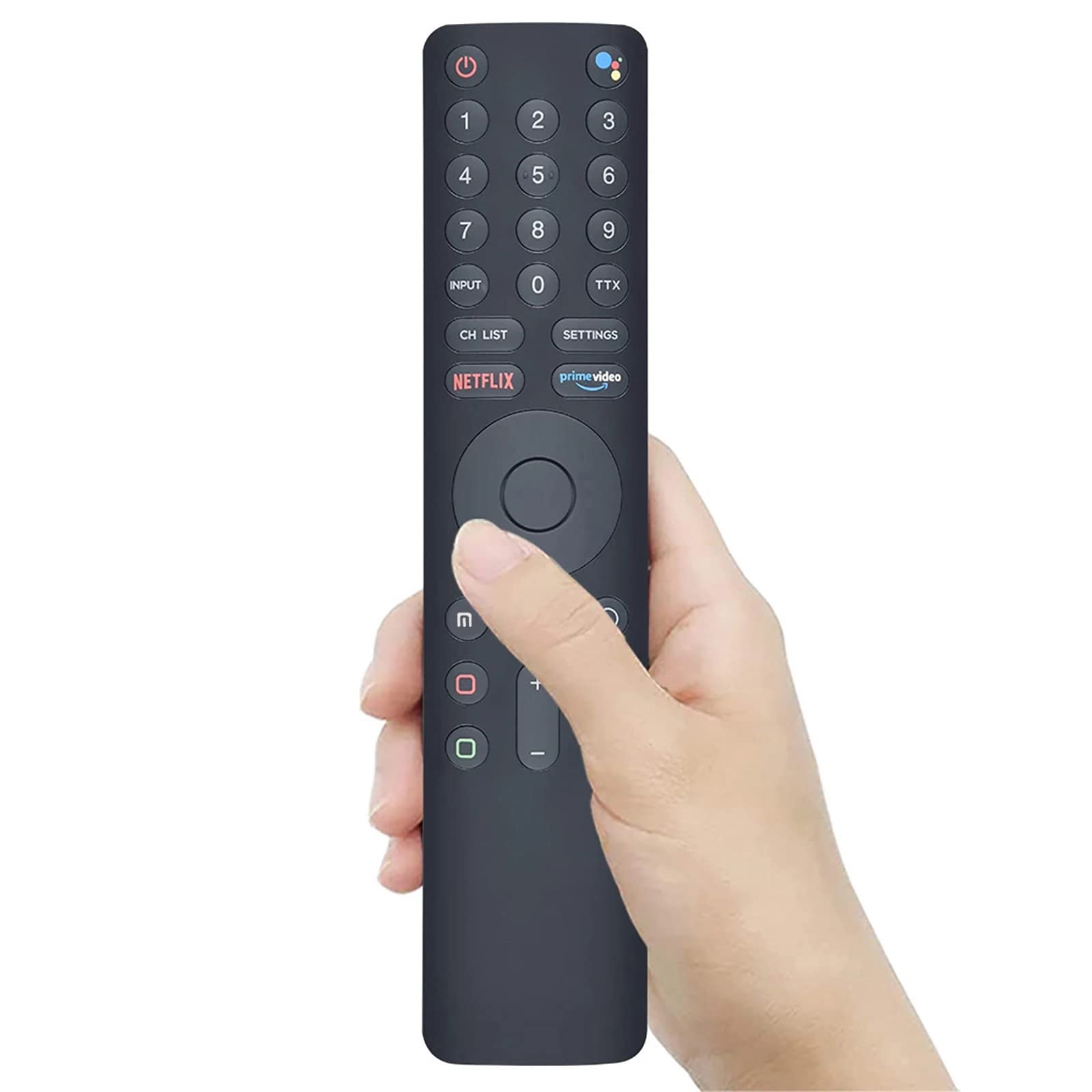 Die Hand einer Person, die eine schwarze TV-Fernbedienung mit mehreren Knöpfen hält.