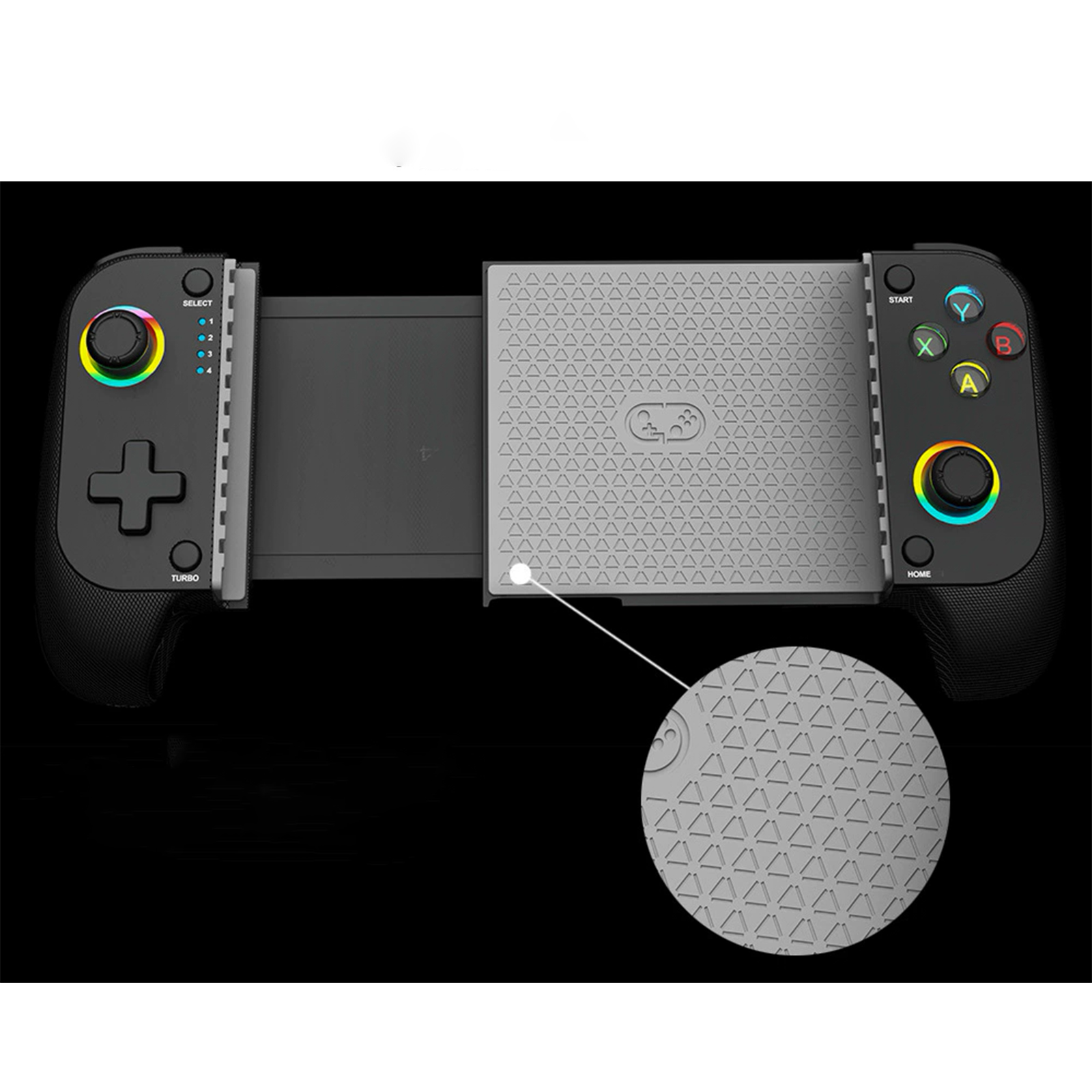 Ein schwarzes Gamepad mit Regenbogen-Joystick-Lichtern und einem grauen Mittelteil.