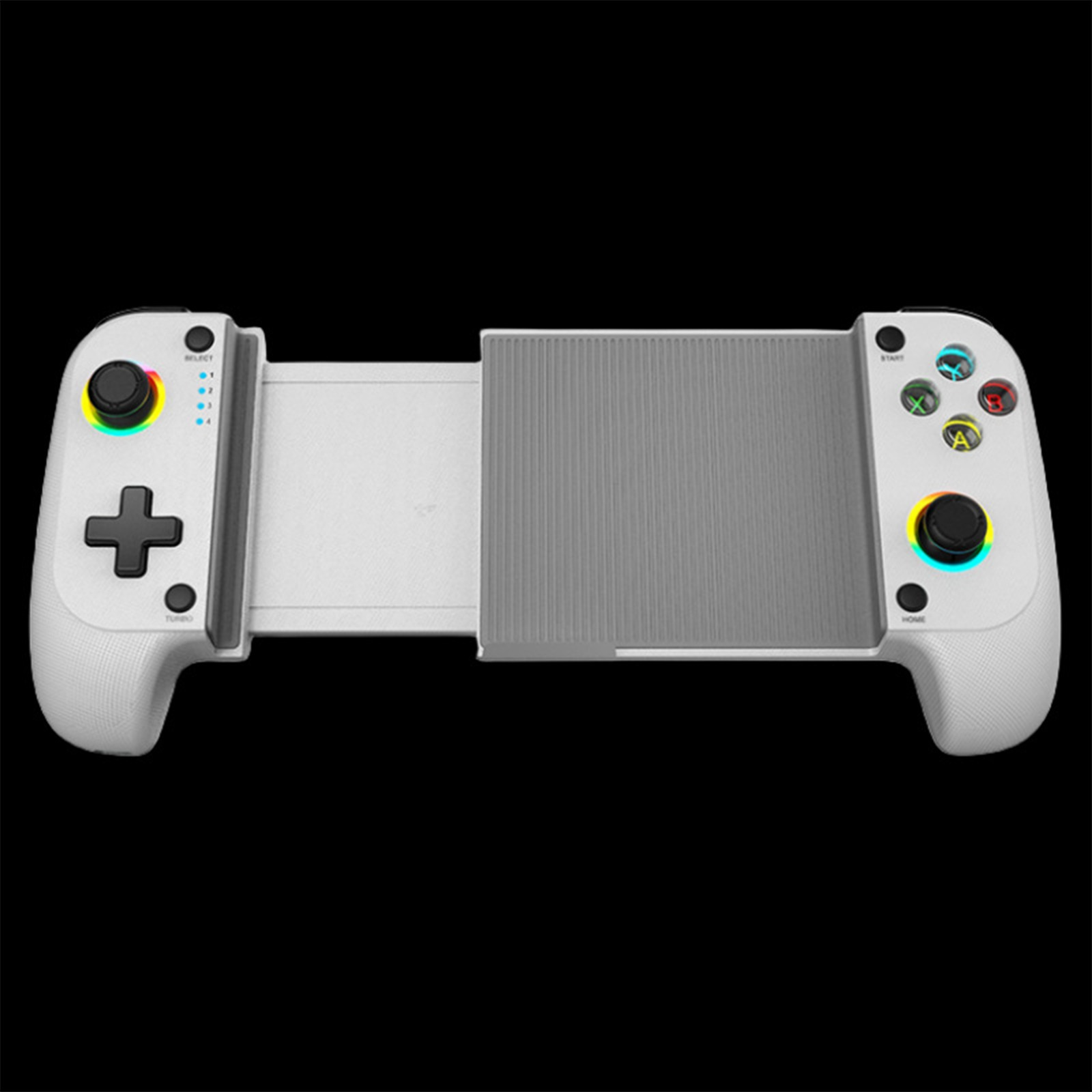 Weißes Gamepad. Schwarzer Hintergrund. Tasten und Bedienelemente sind sichtbar.