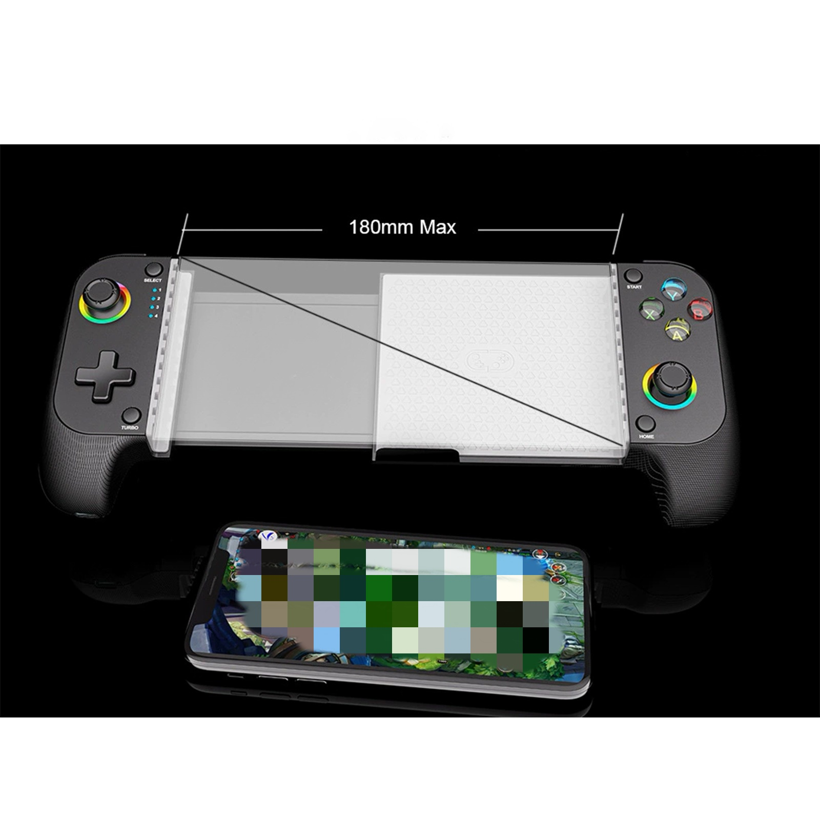 Gamecontroller mit Telefon im Halter, verbunden. Schwarz, grau und bunte Knöpfe.