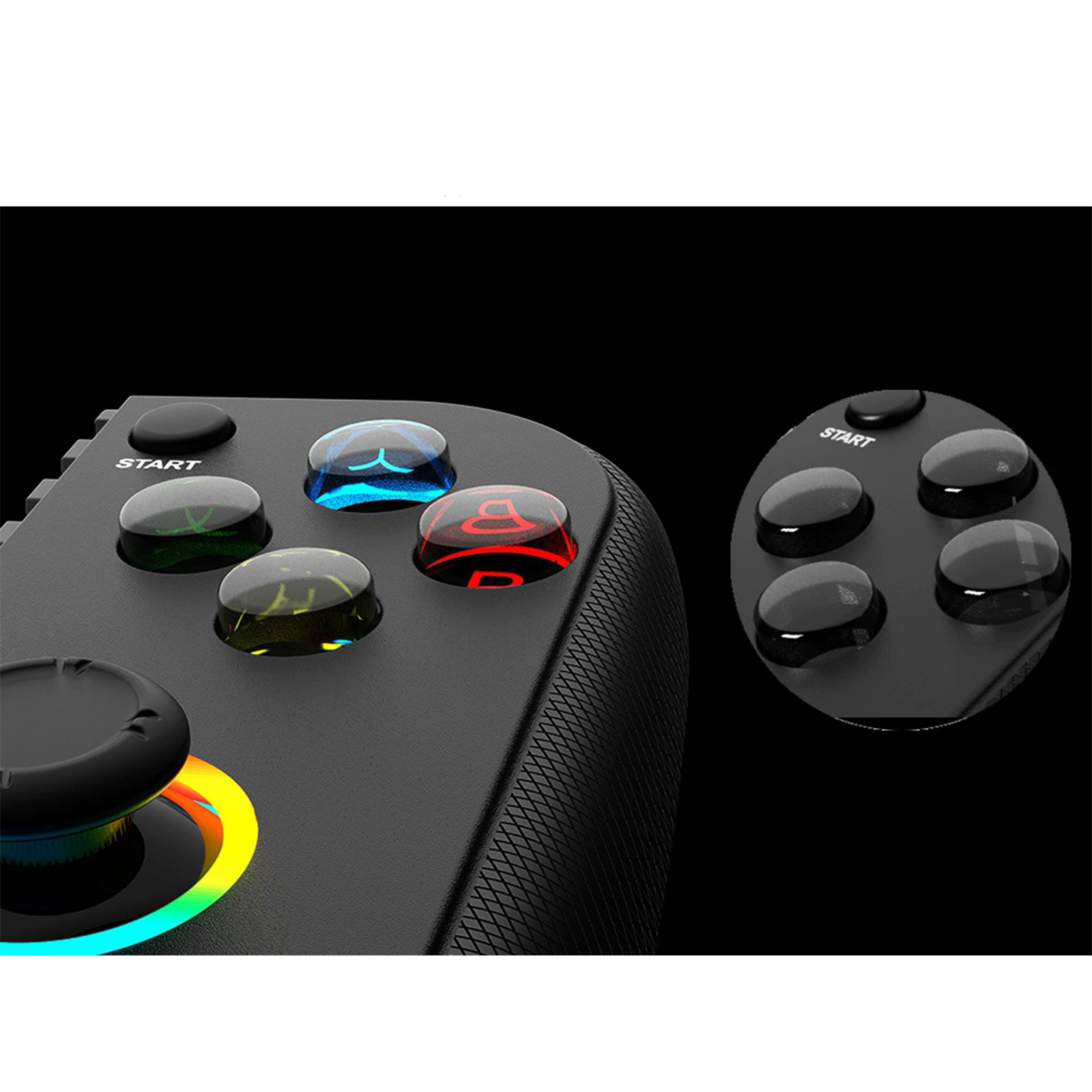 Nahaufnahme eines schwarzen Gamepads mit leuchtenden Knöpfen, Start-Tasten.