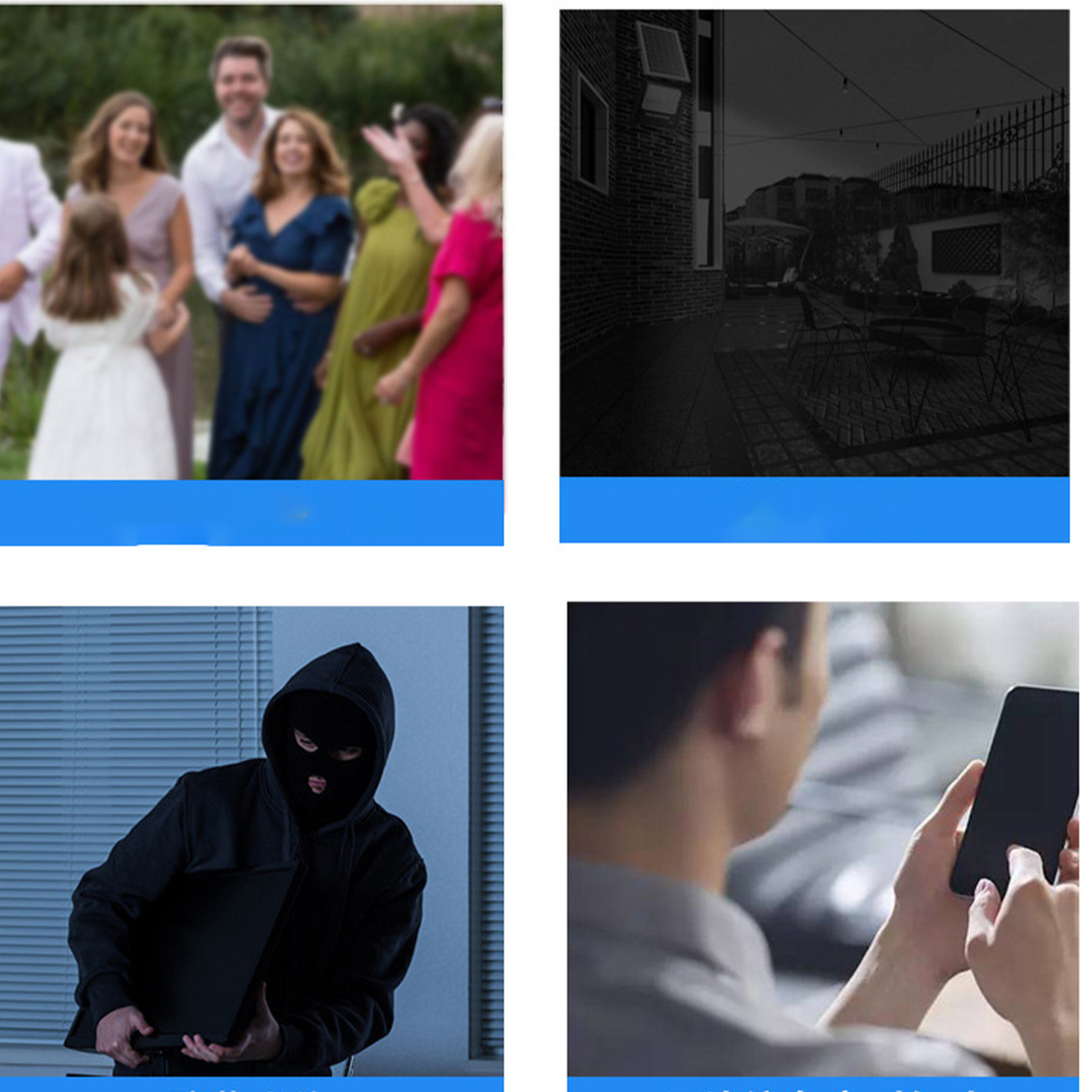 Vier Bilder: ein Treffen von Leuten, eine dunkle Außenansicht, eine maskierte Person und eine Person, die ein Telefon benutzt.