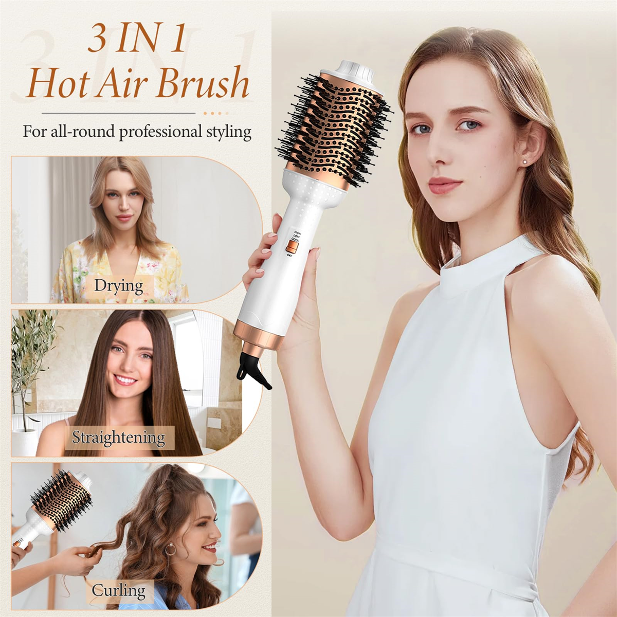 Frau hält eine 3-in-1 Heißluftbürste. Bilder zeigen Haare trocknen, glätten und locken.
